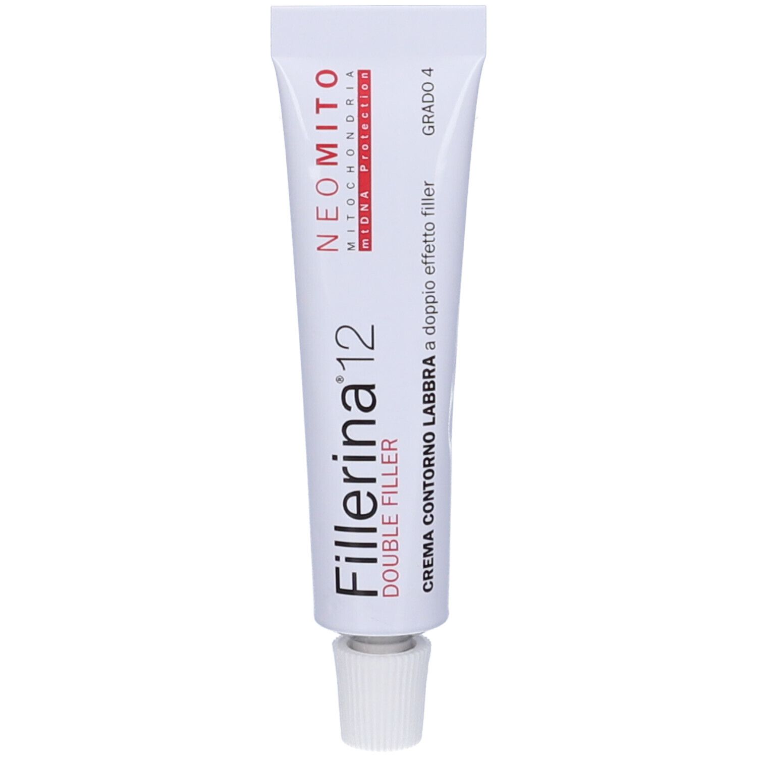 Tubo bianco con scritta Fillerina 12 Double Filler. Crema contorno labbra. Grado 4. Con tappo bianco.