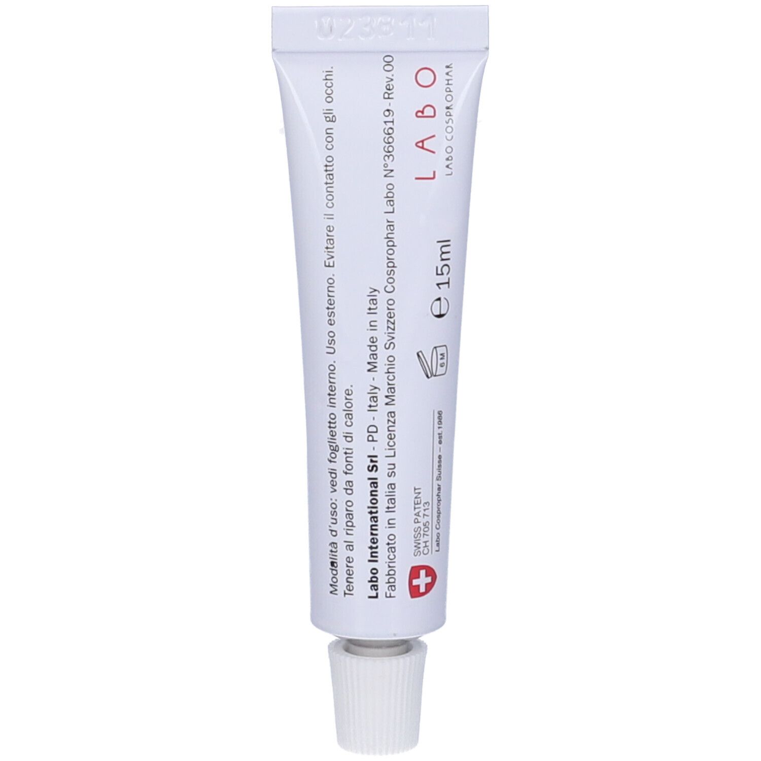 Tubo bianco con scritta Labo. 15ml. Swiss Patent. Con tappo bianco. Prodotto in Italia.