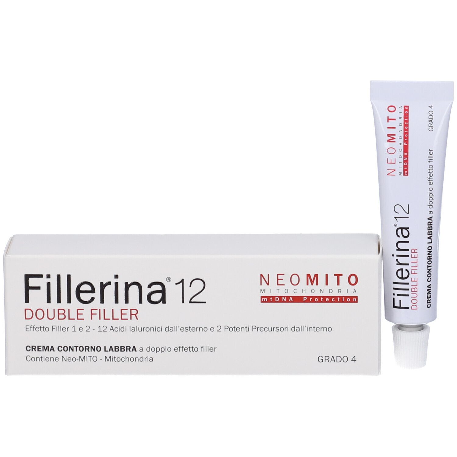 Scatola pieghevole e tubo bianchi. Scritta Fillerina 12 Double Filler. Crema contorno labbra. Grado 4.