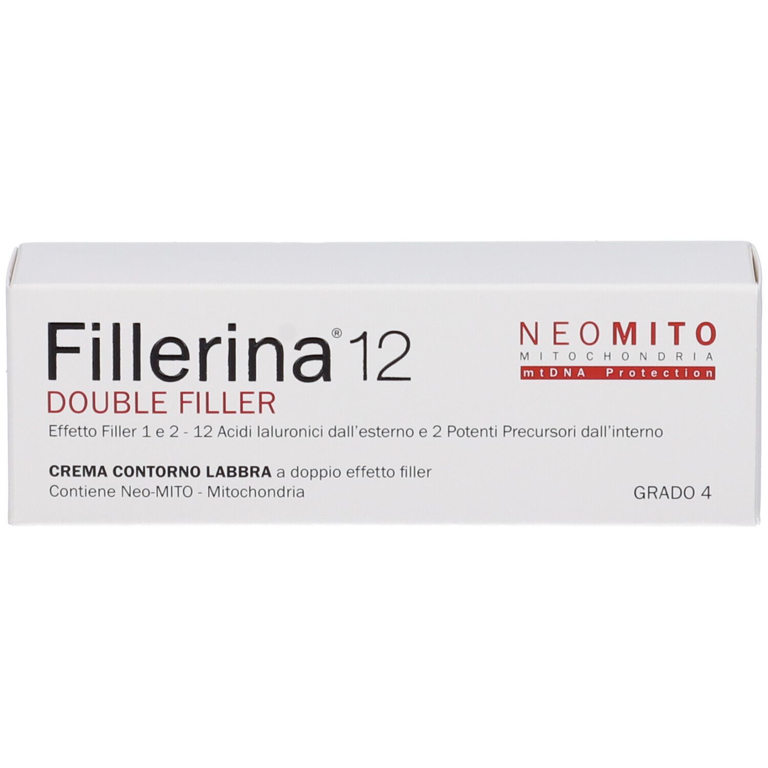 Scatola pieghevole bianca con scritta Fillerina 12 Double Filler. Crema contorno labbra. Grado 4.