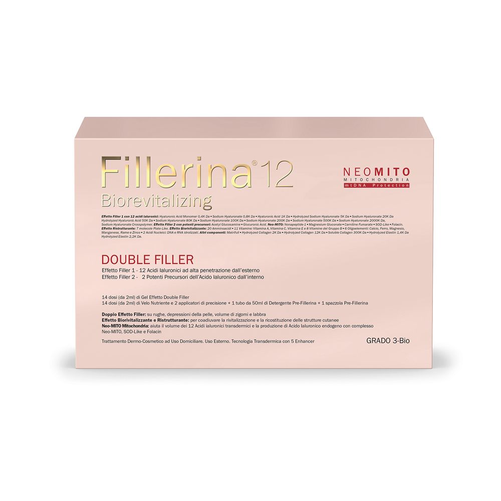 Labo Fillerina 12 Biorevitalizing Neo Mito Double Filler 14 Dosi Gel + 14 Dosi Velo Nutriente + 1 Tubo Detergente Pre-Fillerina Grado 3 Bio - risparmia il 20% con il codice: SWISSE20