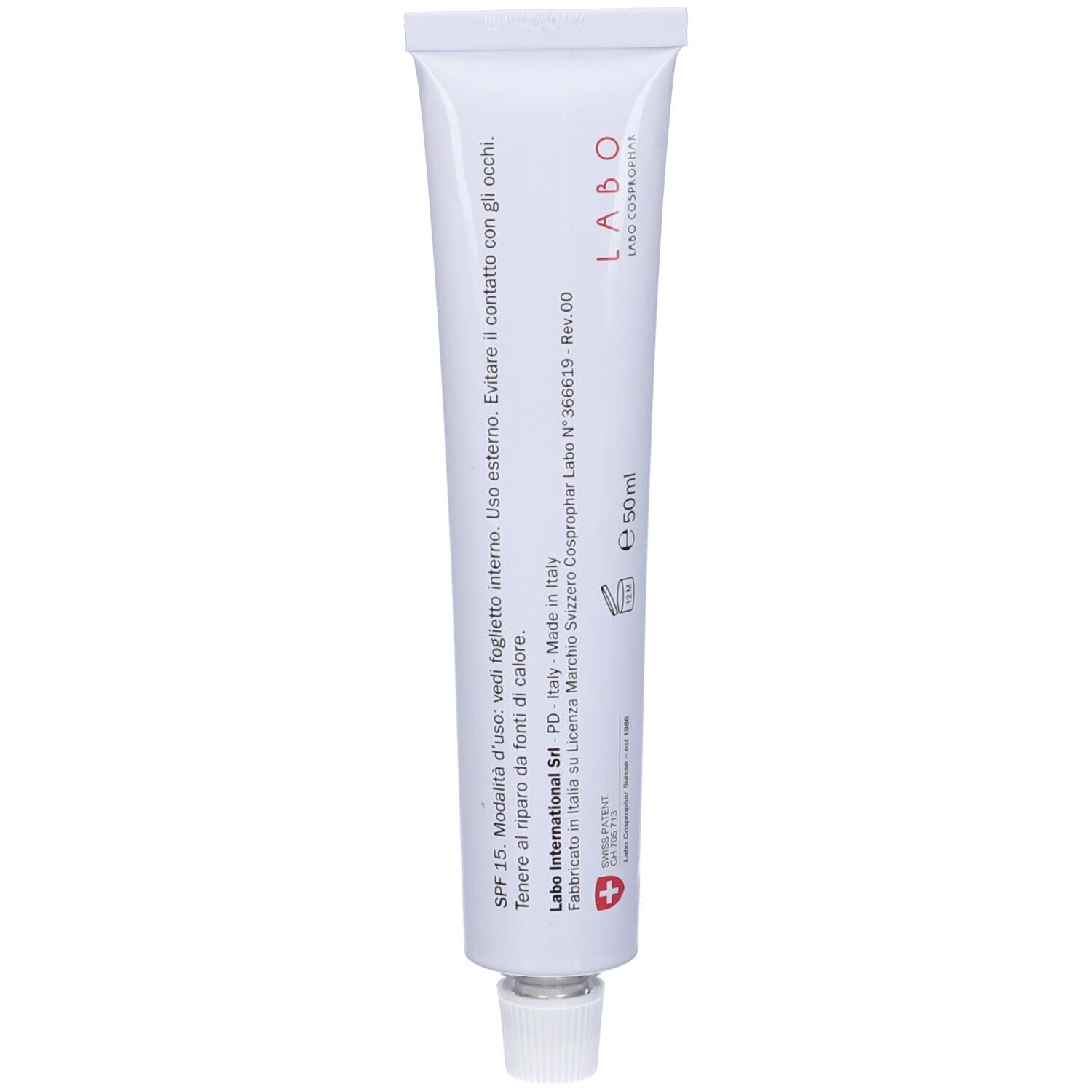 Tubo di crema bianco. Scritta: Labo. Testo: SPF 15. Fabbricato in Italia. Volume: 50ml.