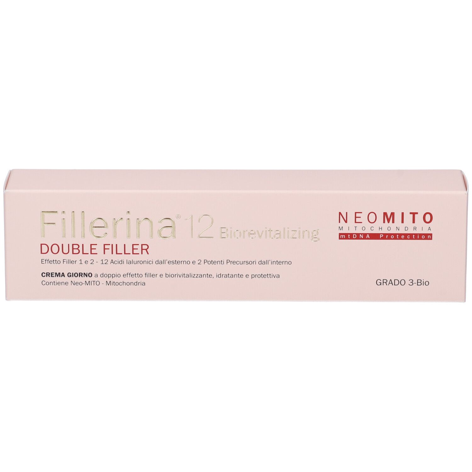 Confezione rosa. Scritta: Fillerina 12 Double Filler, Biorevitalizing. Testo e marchio: Neomito.