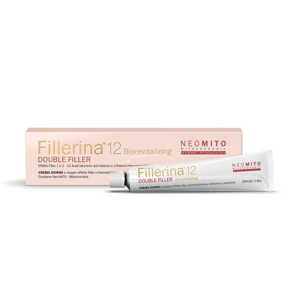 Crema e confezione. Scritta: Fillerina 12 Double Filler, Biorevitalizing. Rosa e bianco.