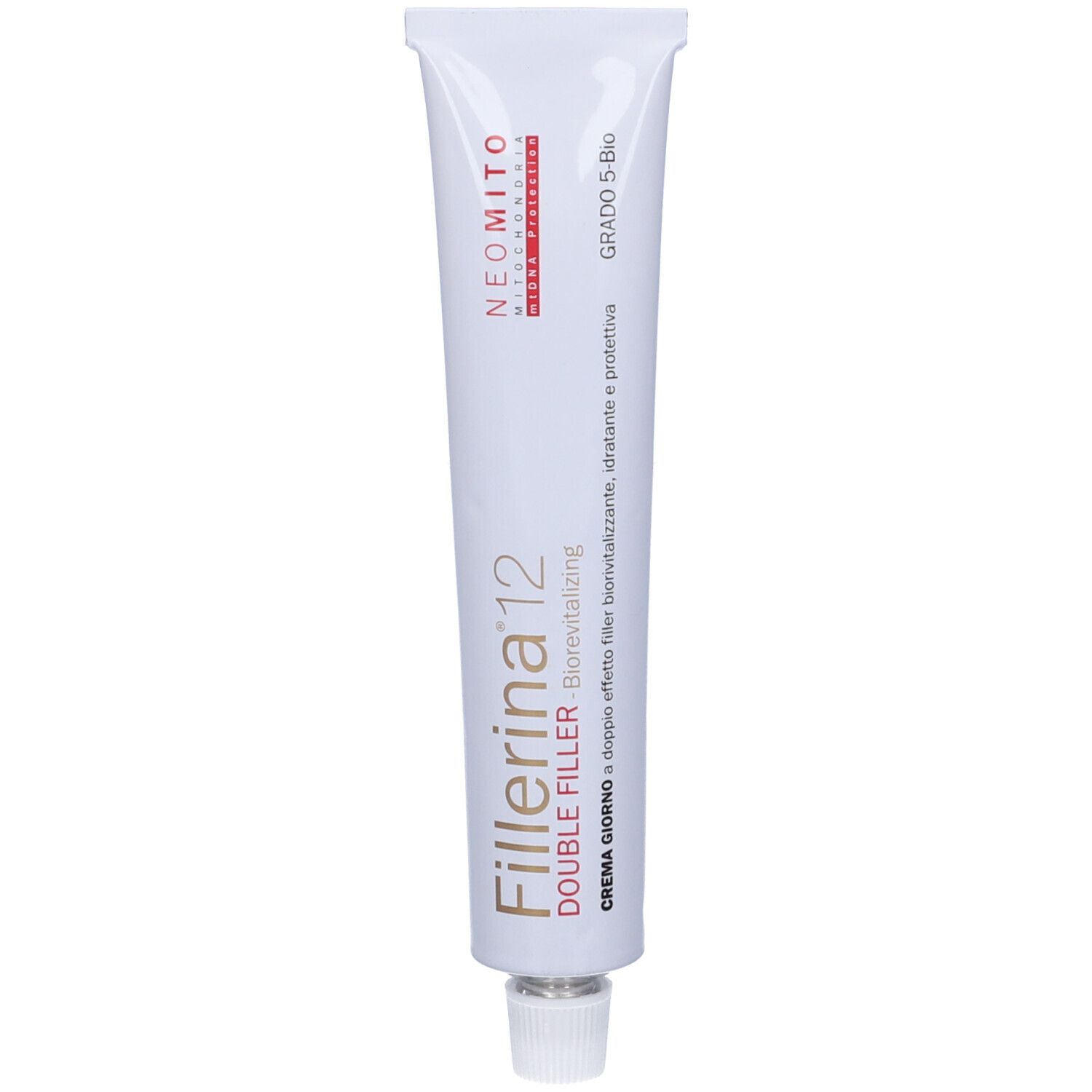 Tubo bianco con scritta Fillerina 12 Double Filler, Biorevitalizing. Grado 5-Bio. Neomito.