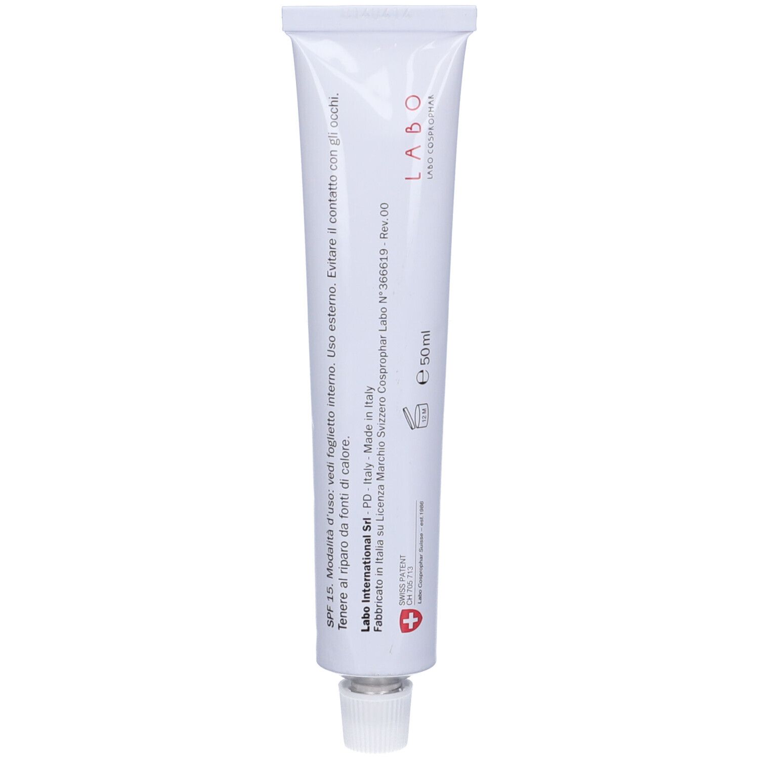 Tubo bianco con scritta LABO. 50ml. Con croce svizzera. Prodotto in Italia.