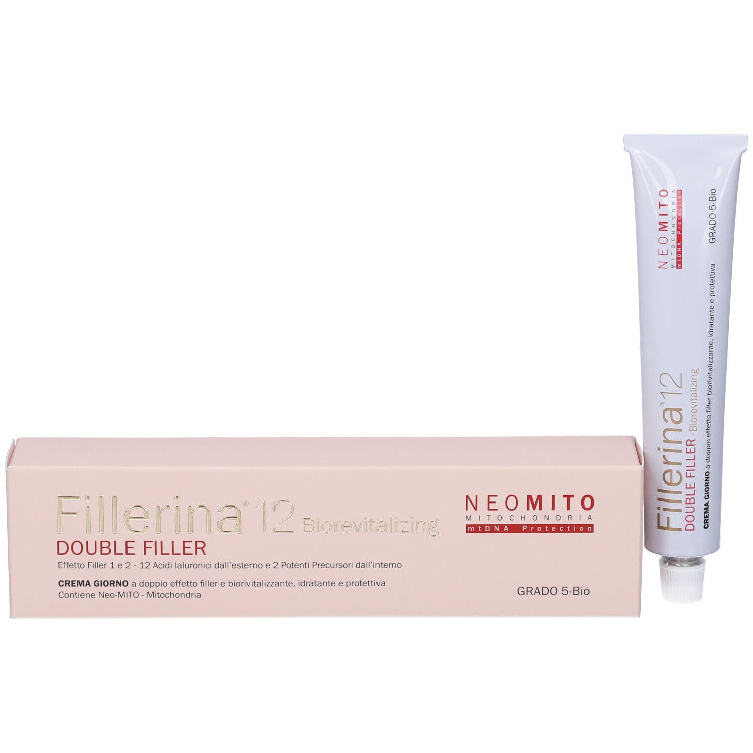 Crema e confezione. Scritta: Fillerina 12 Double Filler, Biorevitalizing. Grado 5-Bio. Neomito.