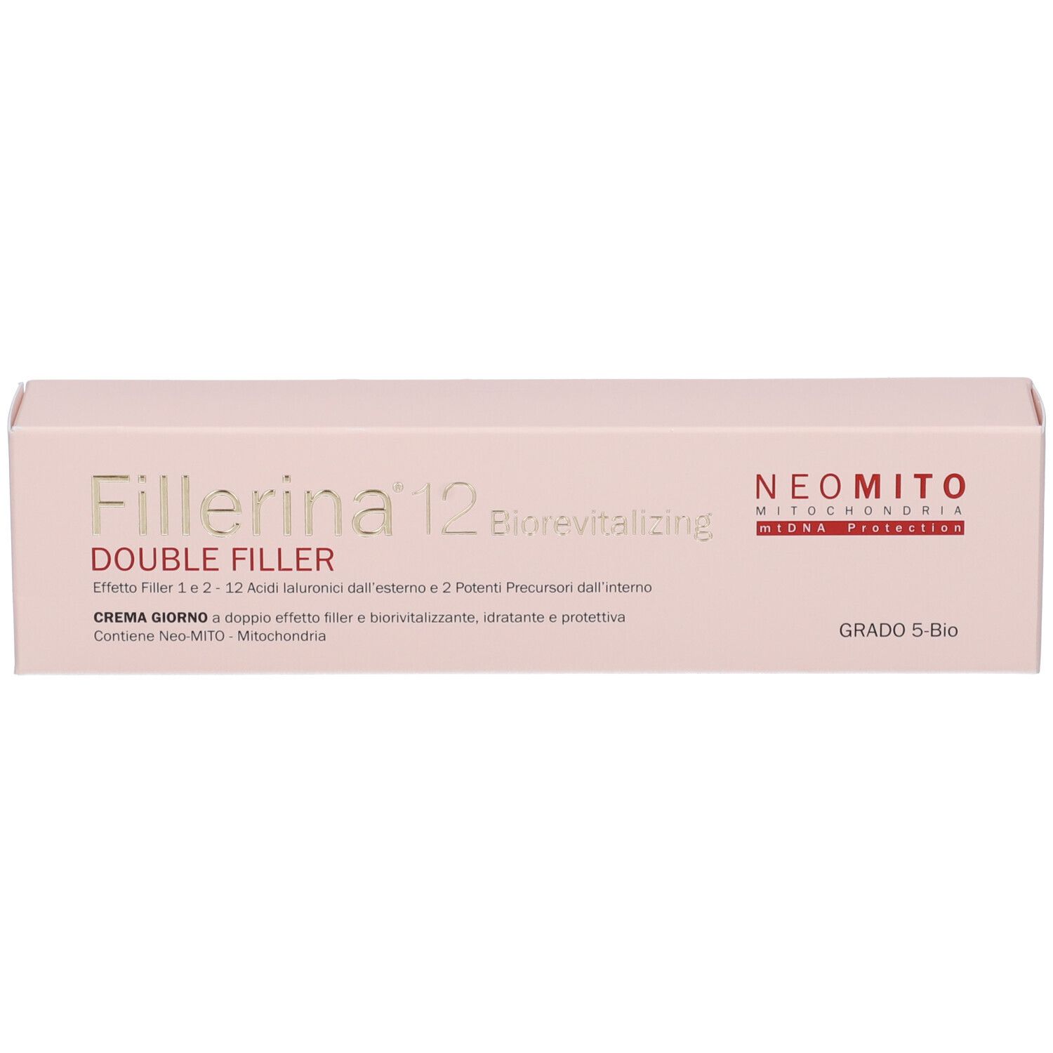 Confezione rosa. Scritta: Fillerina 12 Double Filler, Biorevitalizing. Grado 5-Bio. Neomito.