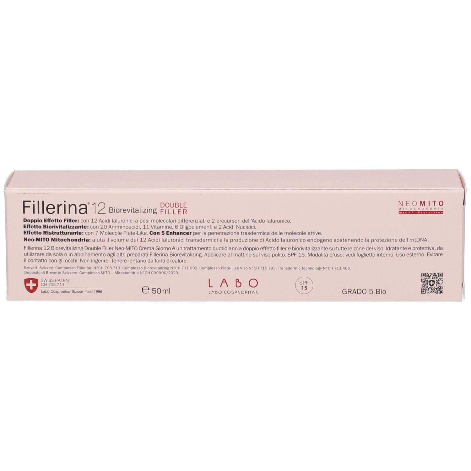 Confezione. Scritta: Fillerina 12 Double Filler, Biorevitalizing. 50ml. Grado 5-Bio. Croce svizzera.