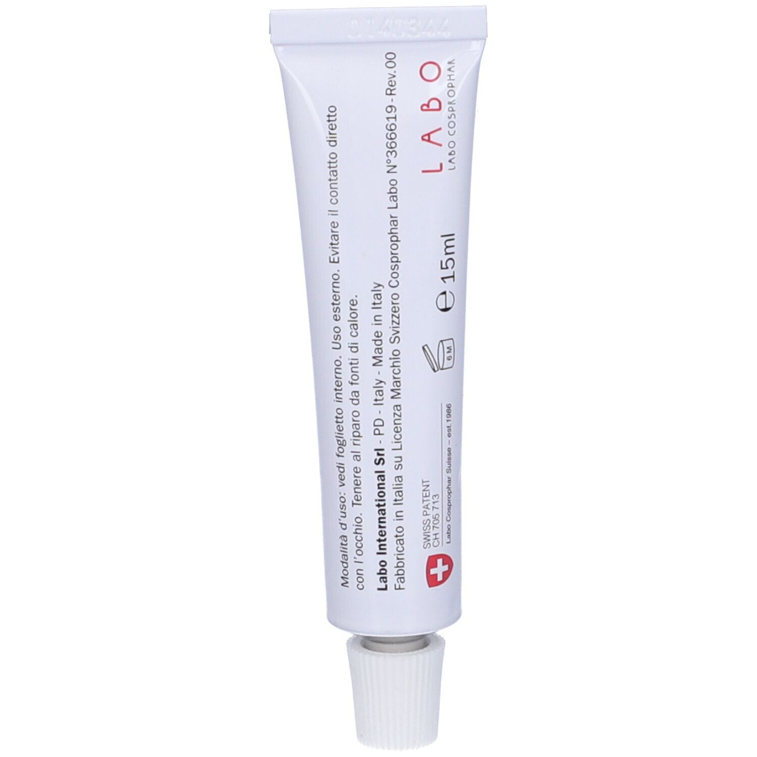 Tubo con scritta Labo. Retro con testo. Swiss Patent. E 15ml. Labo International.