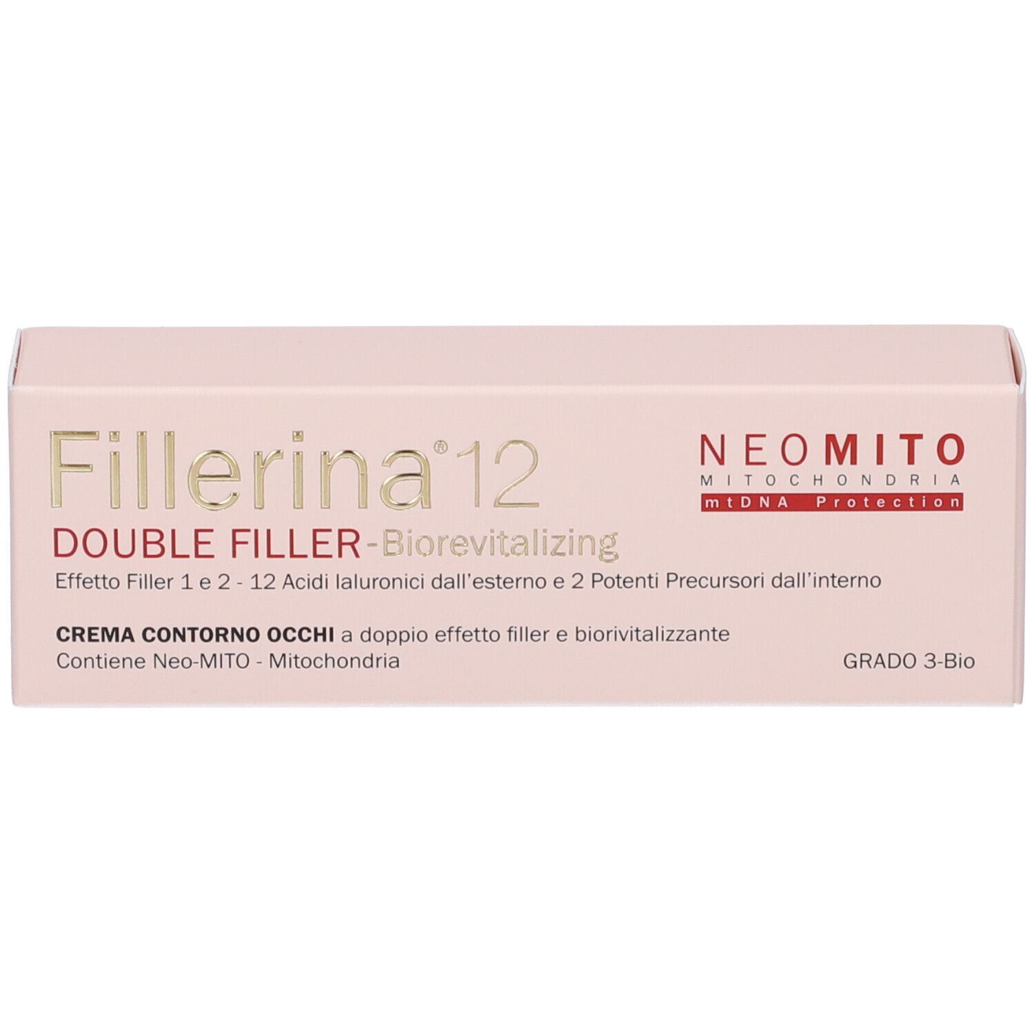 Scatola rosa con scritta Fillerina 12 Double Filler. Contiene Neo-Mito-Mitochondria. Grado 3-Bio.