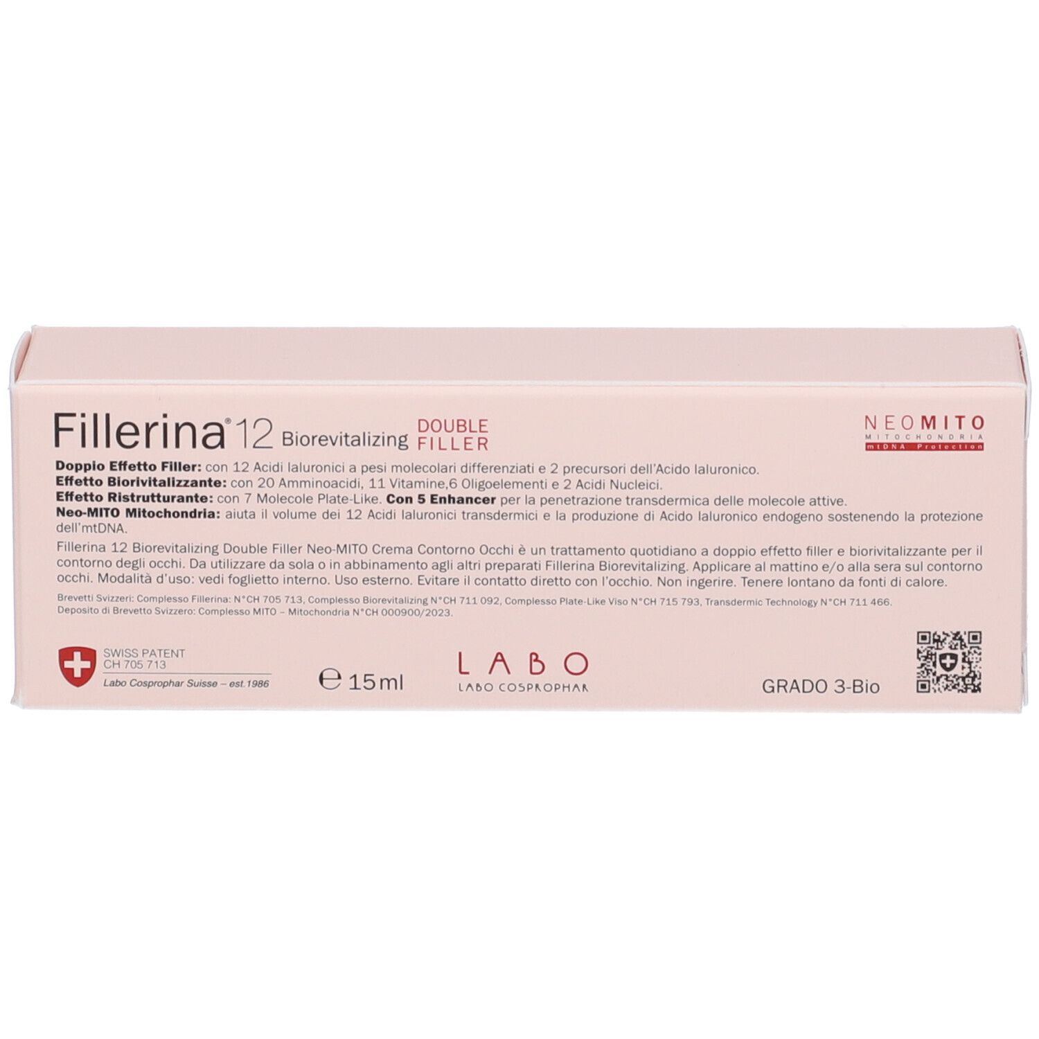 Scatola. Scritta Fillerina 12 Double Filler. Contiene Neo-Mito-Mitochondria. E 15ml. Grado 3-Bio.