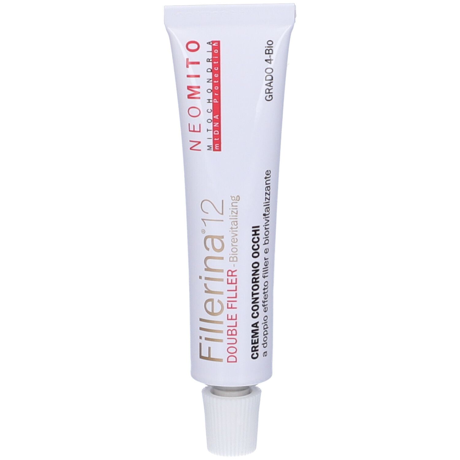 Tubo bianco, tappo bianco. Scritta Fillerina 12, Neomito, Crema Contorno Occhi. Grado 4-Bio.