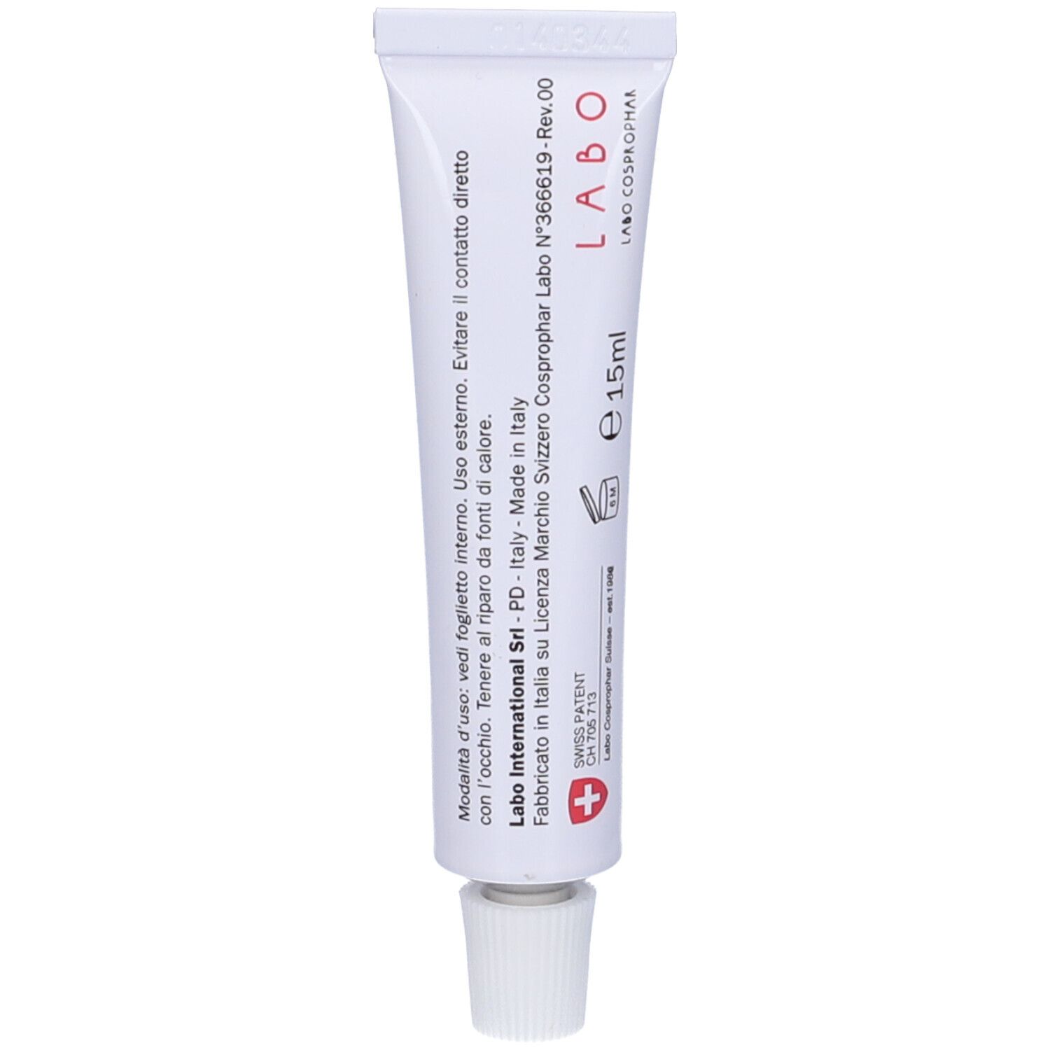 Retro del tubo. Testo: Labo, 15ml, Swiss Patent. Prodotto in Italia. Avvertenze.