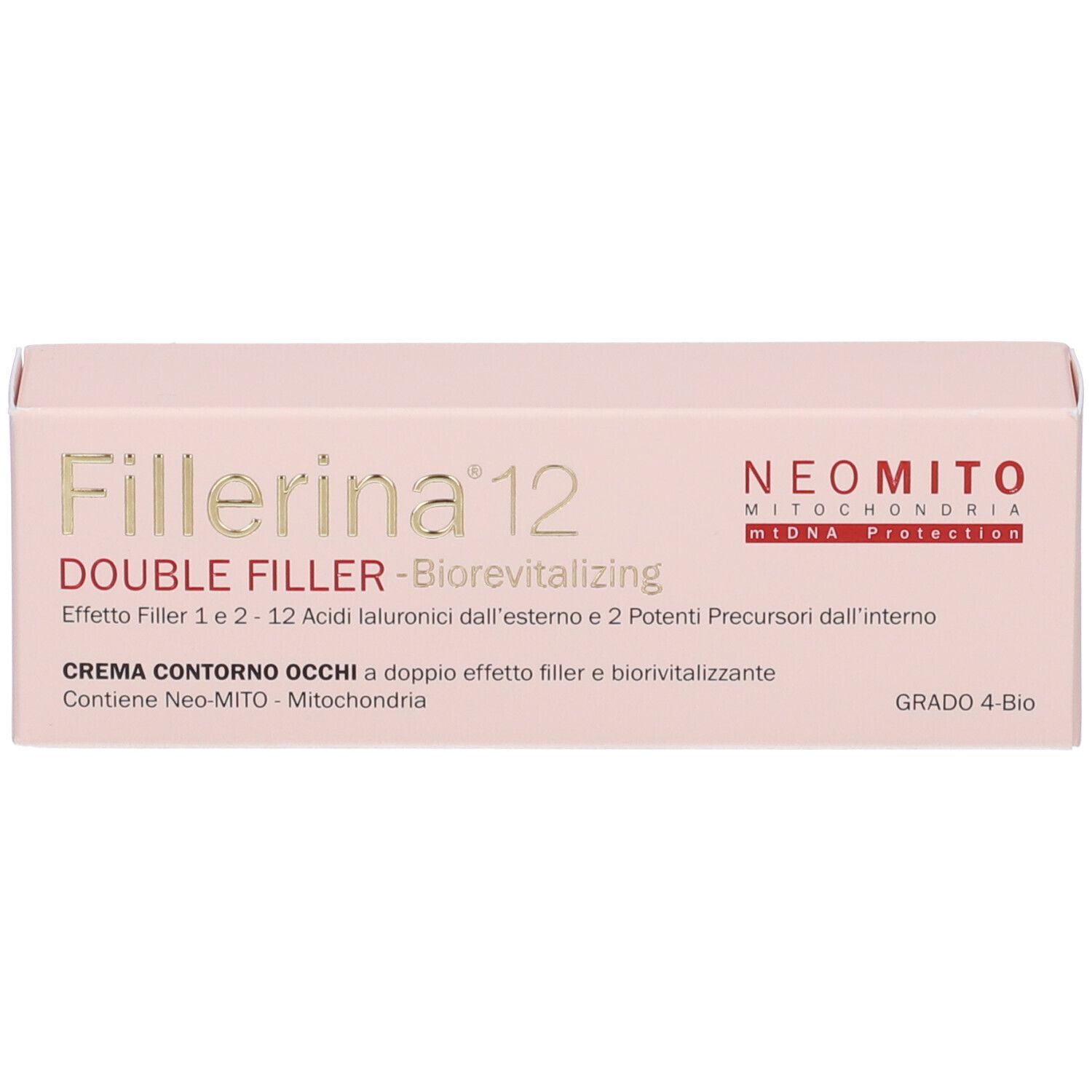 Confezione rosa. Scritta Fillerina 12, Neomito, Double Filler. Grado 4-Bio. Crema Contorno Occhi.