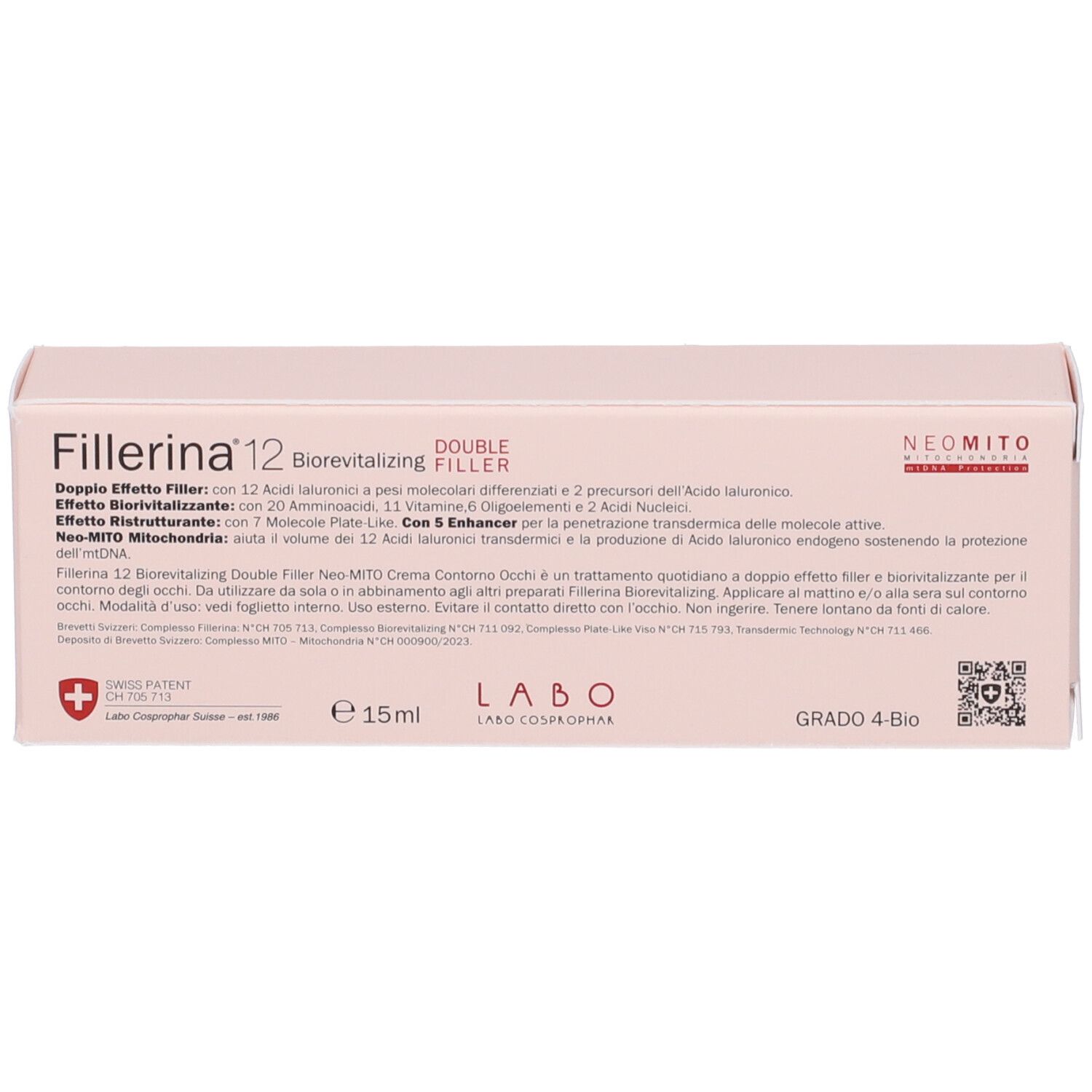 Retro della confezione. Testo: Fillerina 12, Double Filler, Neomito. 15ml. Swiss Patent.
