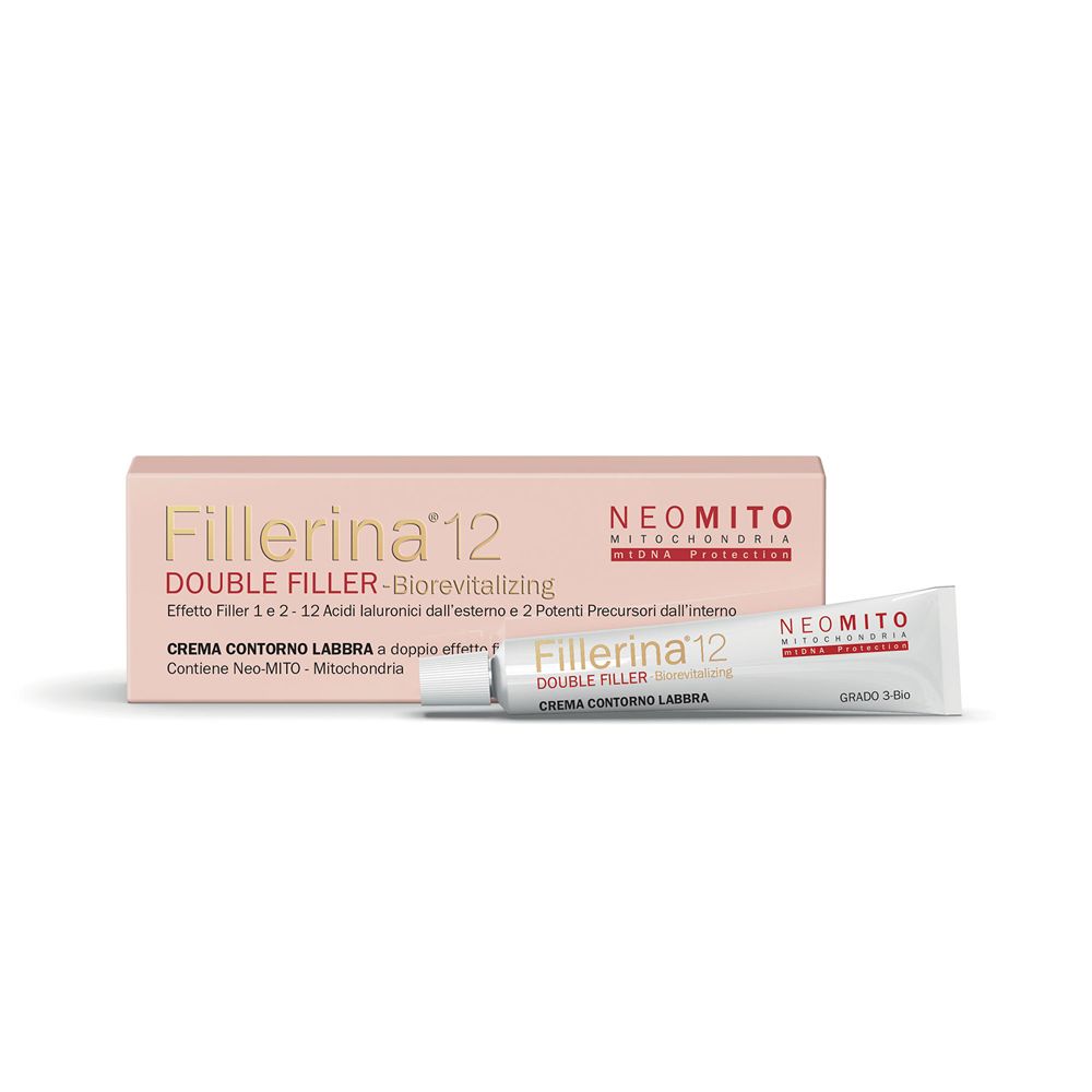 Tubo e scatola di crema. Scritta Fillerina 12 Double Filler. Contiene Neo-Mito-Mitochondria.