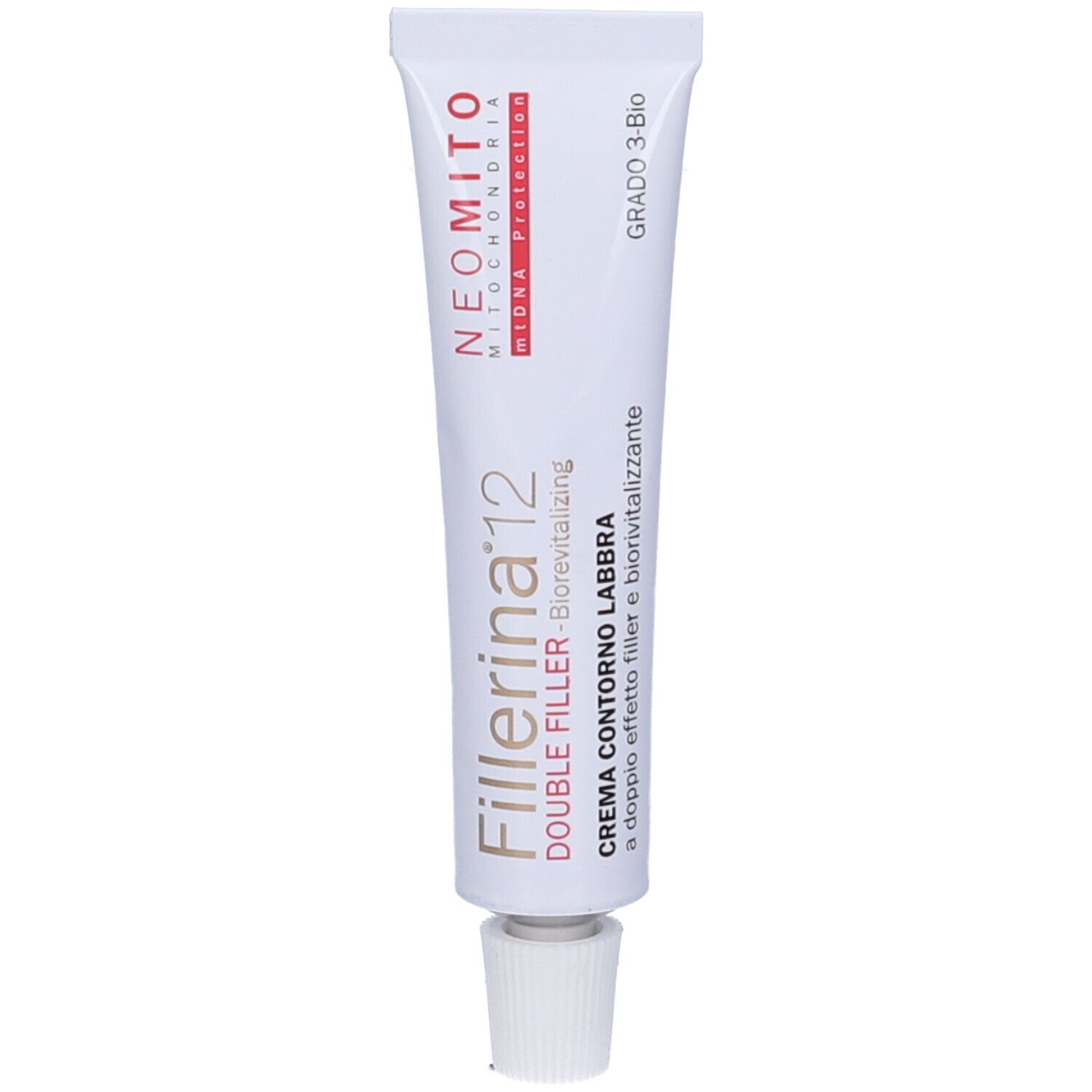 Tubo bianco con scritte rosse e grigie. Scritta Fillerina 12 Double Filler. Grado 3 Bio.
