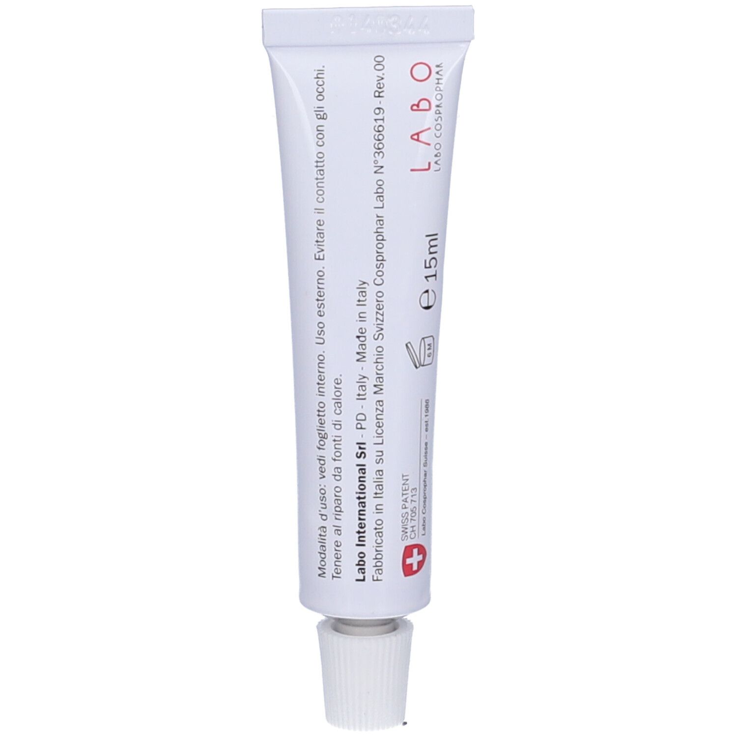 Retro di un tubo bianco. Testo: Labo, 15ml, Made in Italy. Croce svizzera.