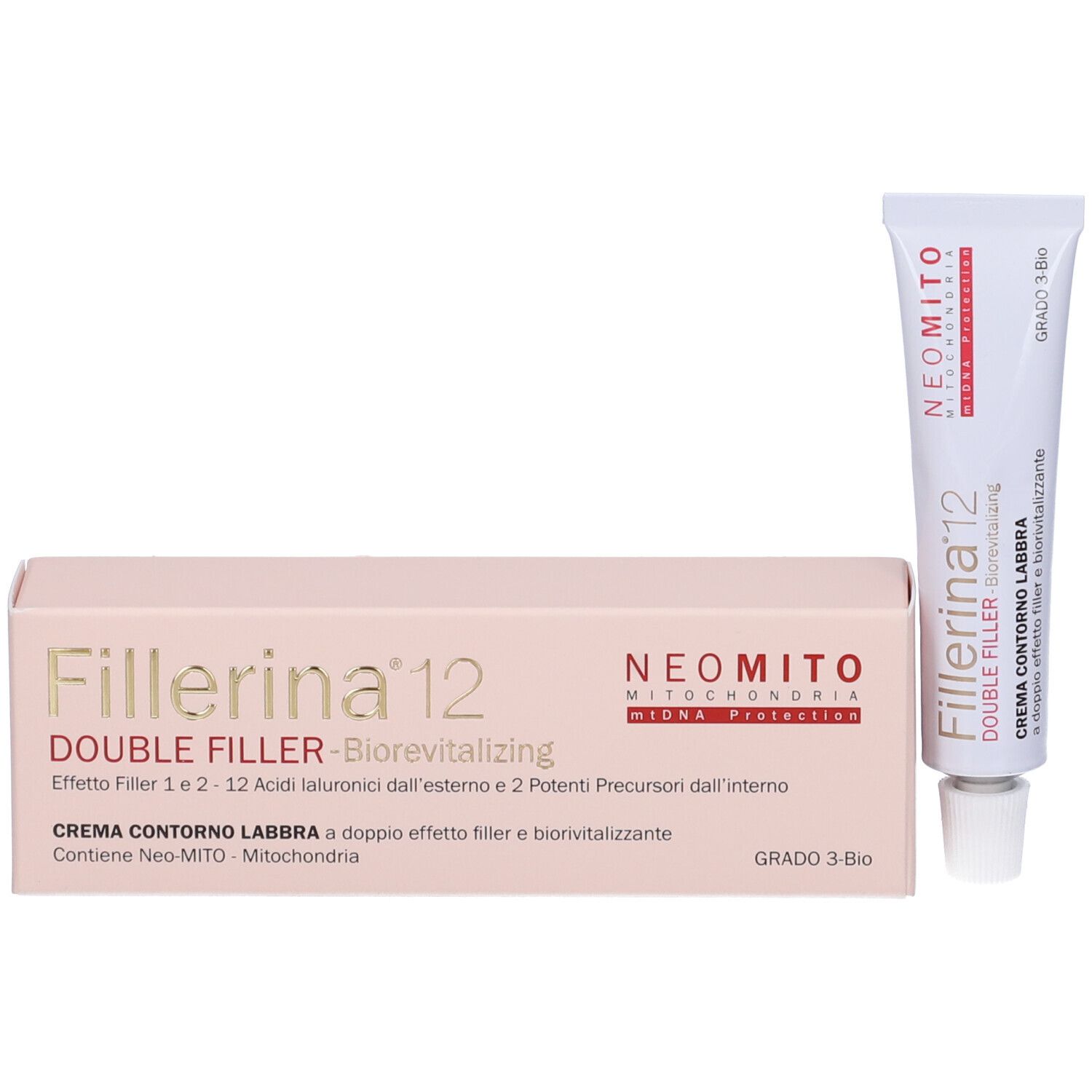 Tubo e scatola di crema. Scritta Fillerina 12 Double Filler. Contiene Neo-Mito-Mitochondria.
