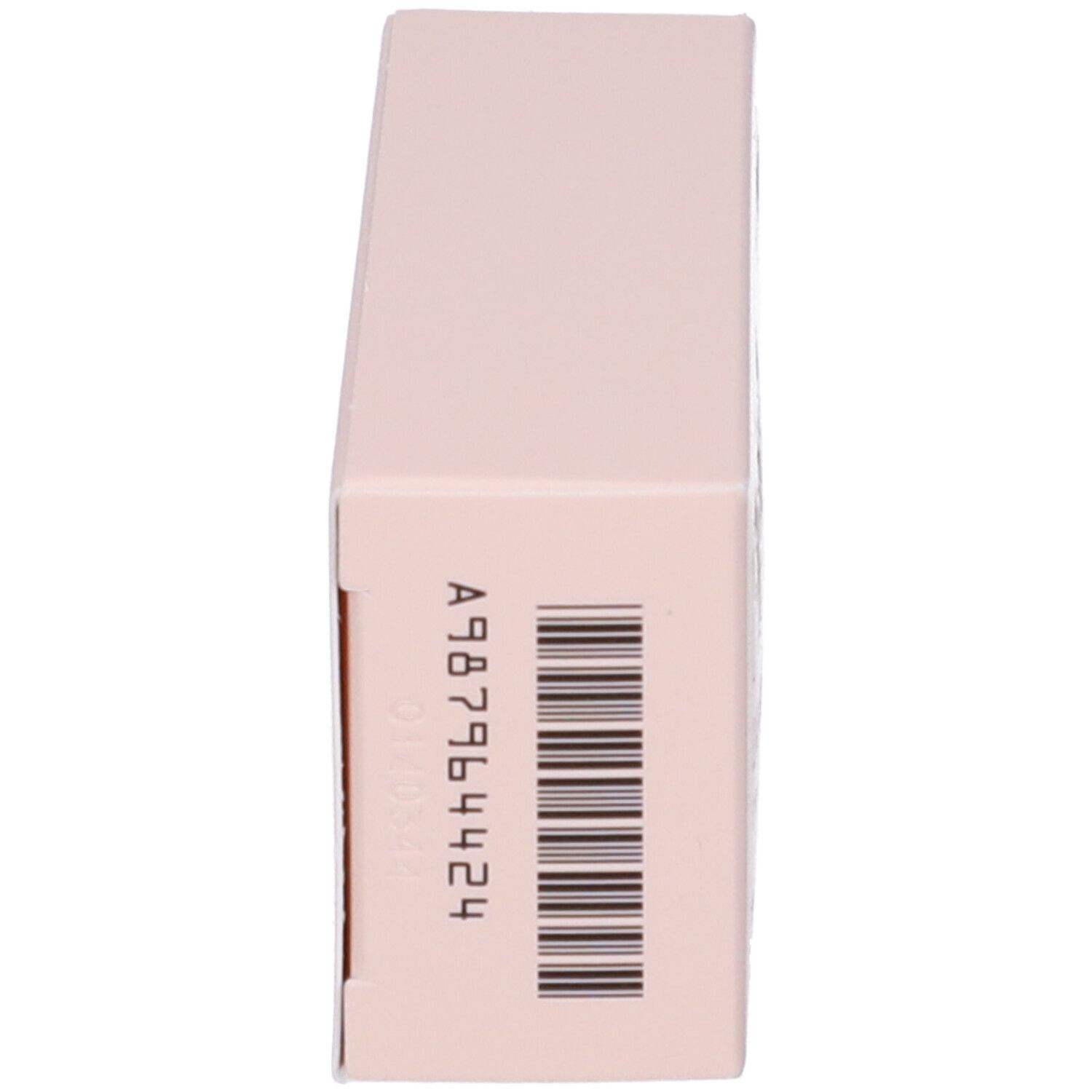 Lato di una scatola rosa. Codice a barre e codice prodotto.