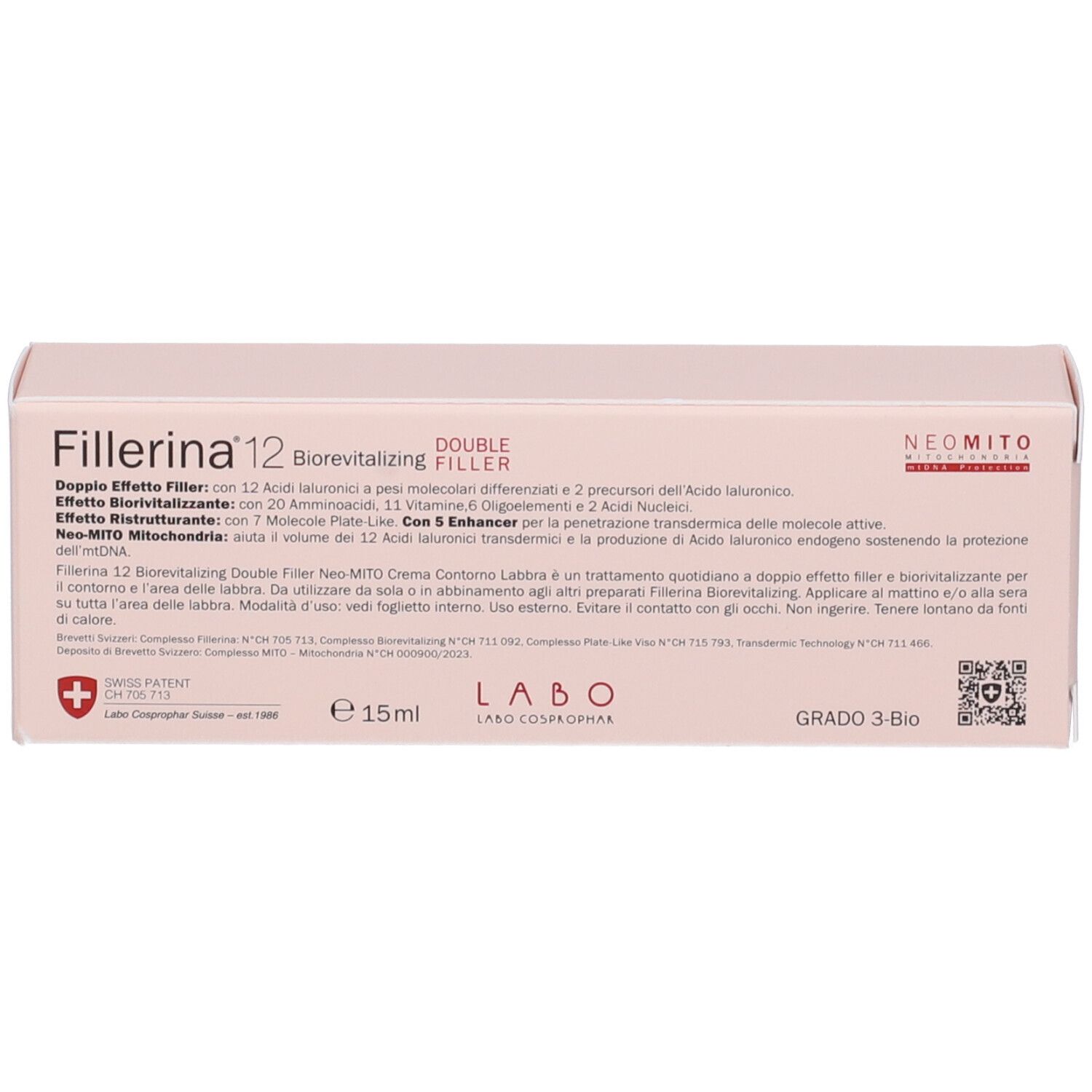 Retro di una scatola rosa. Testo: Fillerina 12 Double Filler. Croce svizzera. 15ml.