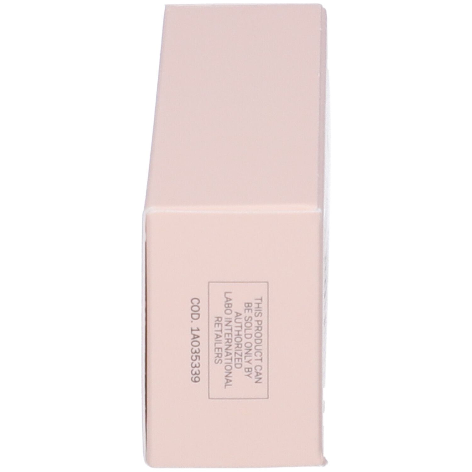 Lato di una scatola rosa. Testo: Labo International. Codice prodotto.