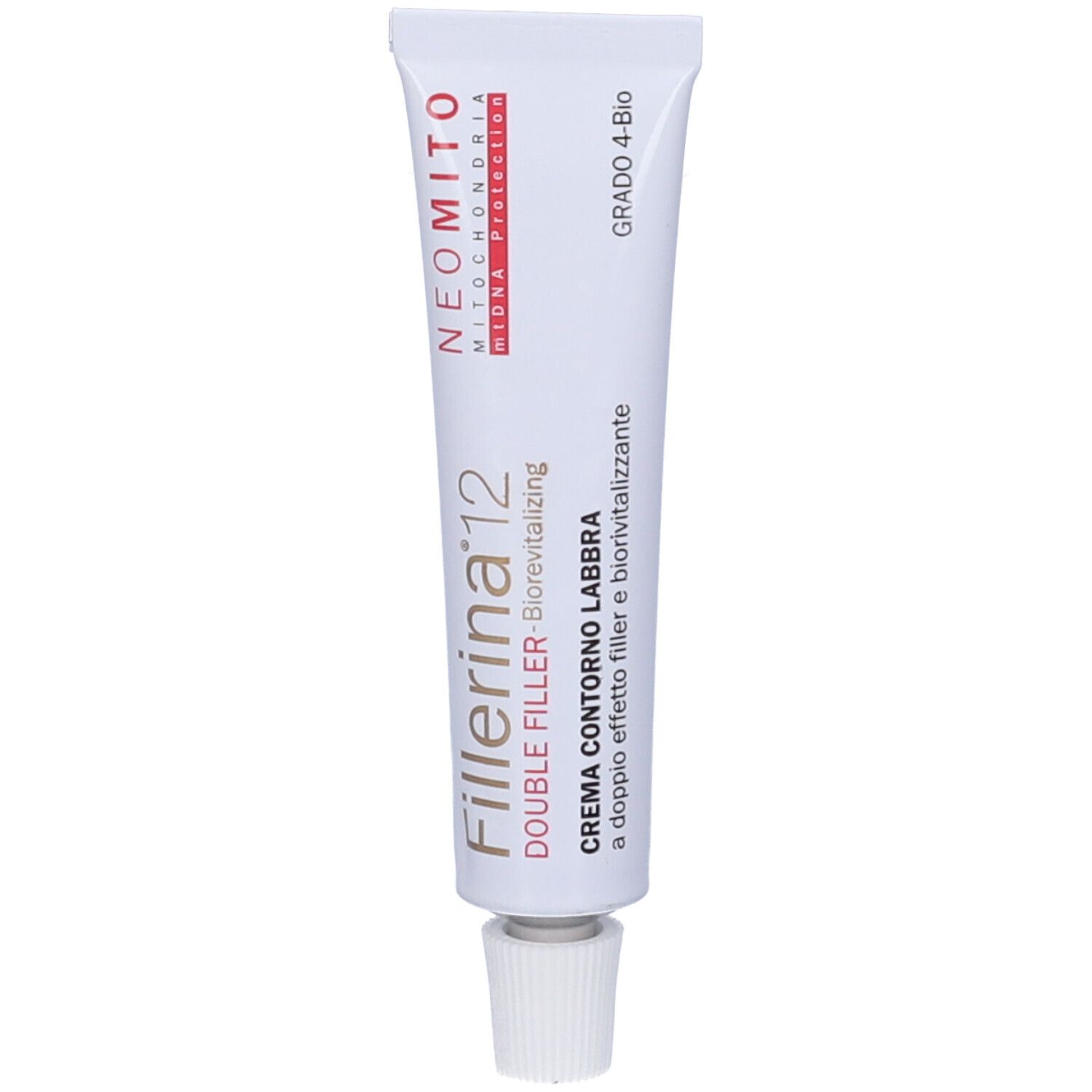 Tubo di crema. Scritta: Fillerina 12 Double Filler, Neomito, Crema Contorno Labbra. Grado 4-Bio. Bianco, con tappo.