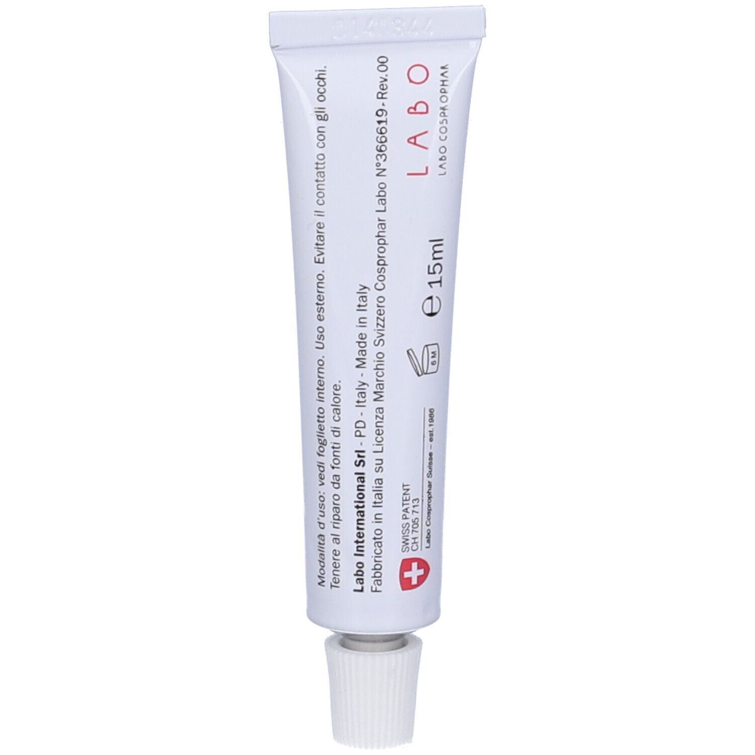 Tubo di crema. Scritta: Labo, 15ml. Retro con testo. Bianco, con tappo.