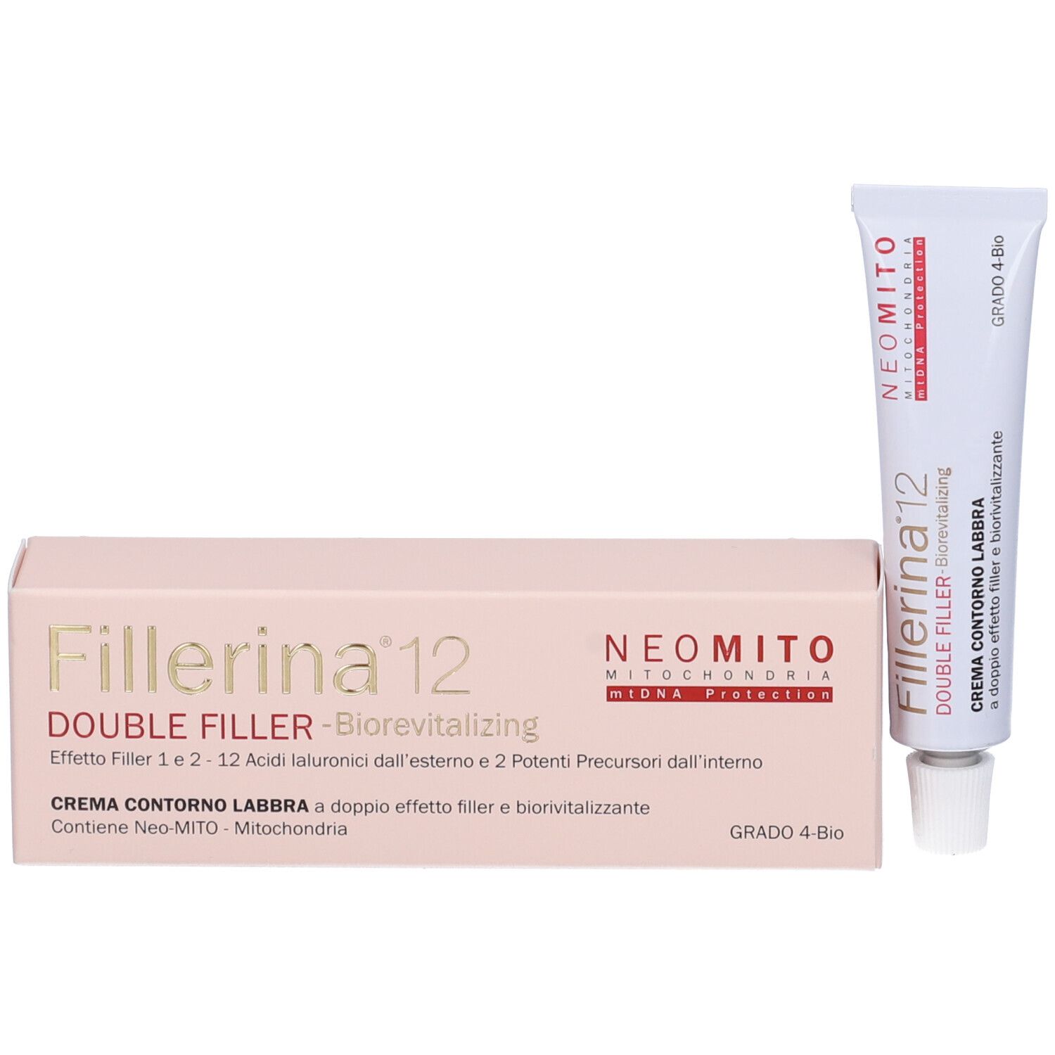 Crema e confezione. Scritta: Fillerina 12 Double Filler, Neomito, Crema Contorno Labbra. Grado 4-Bio.