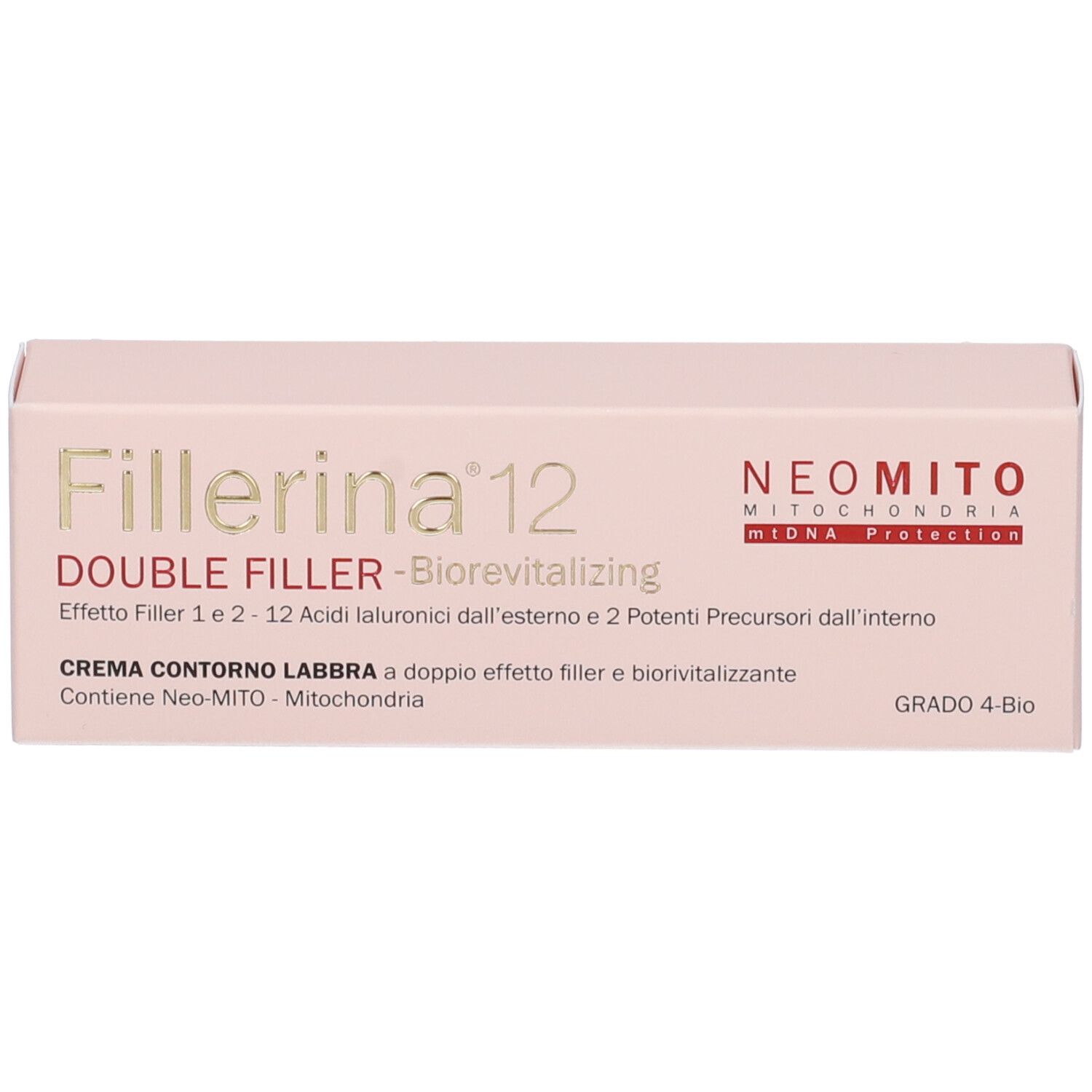 Confezione. Scritta: Fillerina 12 Double Filler, Neomito, Crema Contorno Labbra. Grado 4-Bio.