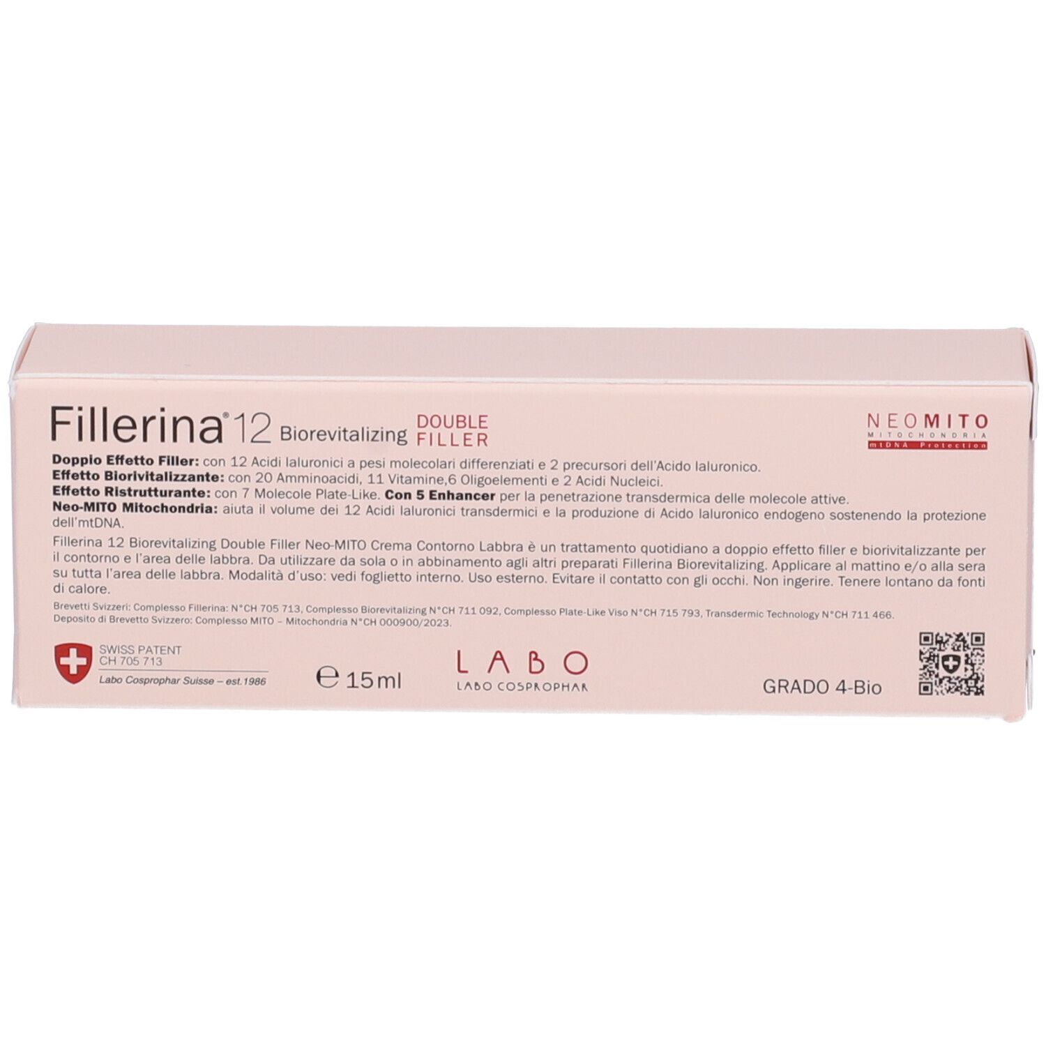 Confezione. Scritta: Fillerina 12 Double Filler, 15ml, Labo. Testo e loghi.