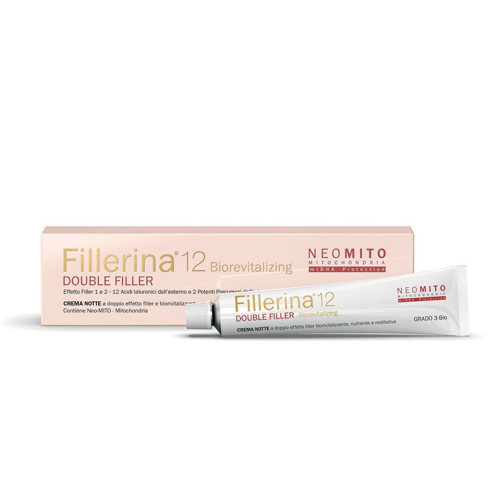 Tubo e scatola di crema. Scritta Fillerina 12 Double Filler, Neomito. Crema notte, Grado 3 Bio.