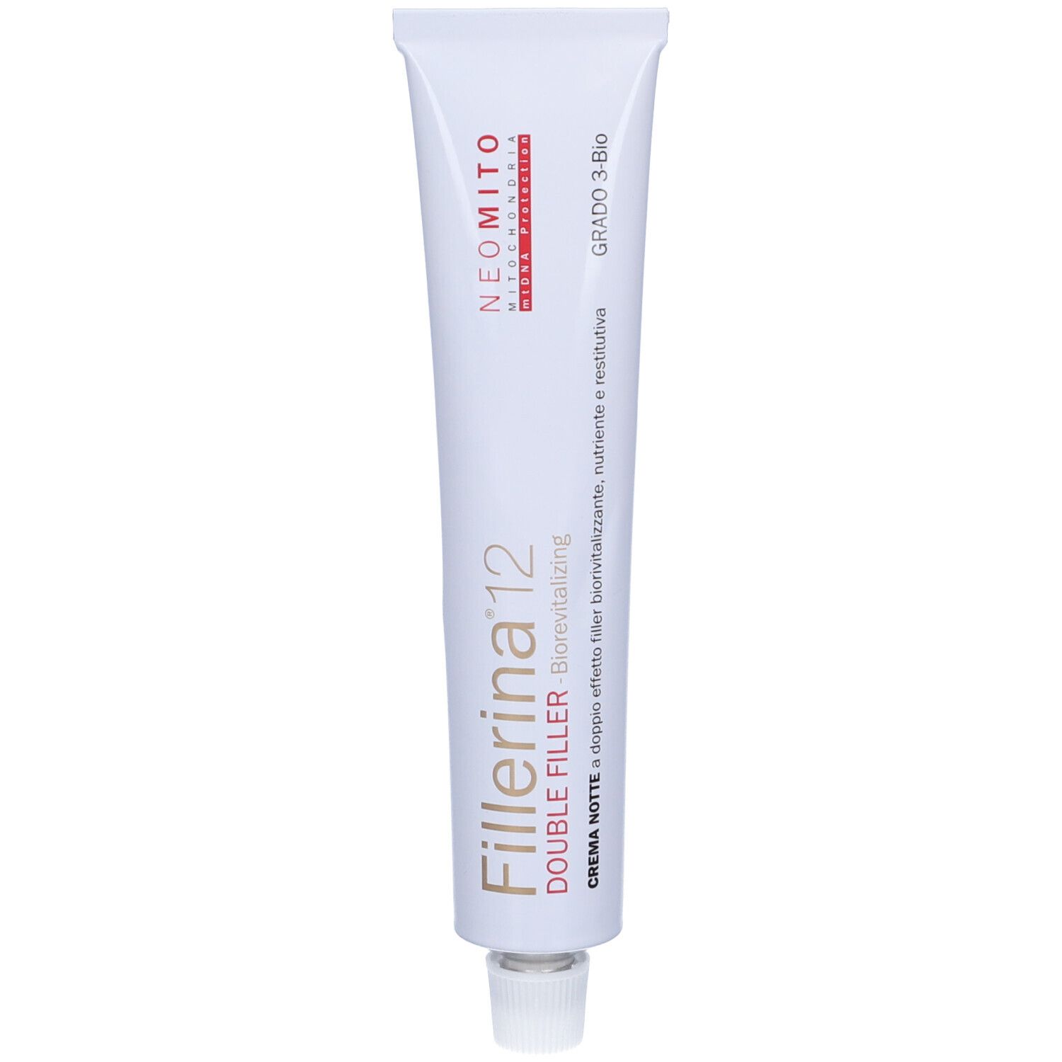 Tubo bianco con scritta Fillerina 12 Double Filler, Neomito. Crema notte, Grado 3 Bio.