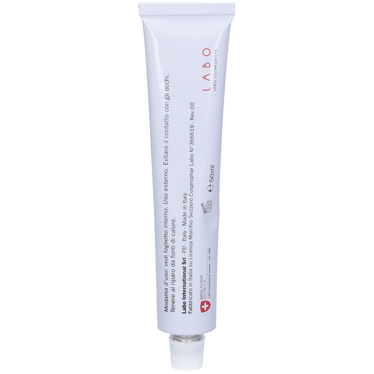 Tubo bianco con scritta LABO. Ingredienti, luogo di fabbricazione. Croce svizzera.