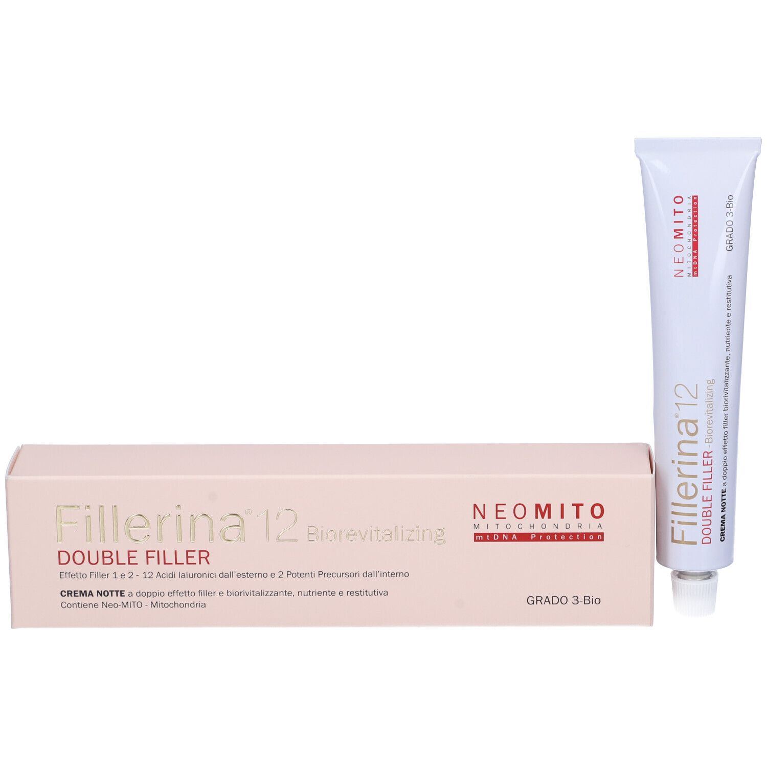 Scatola e tubo. Scritta Fillerina 12 Double Filler, Neomito. Crema notte, Grado 3 Bio.