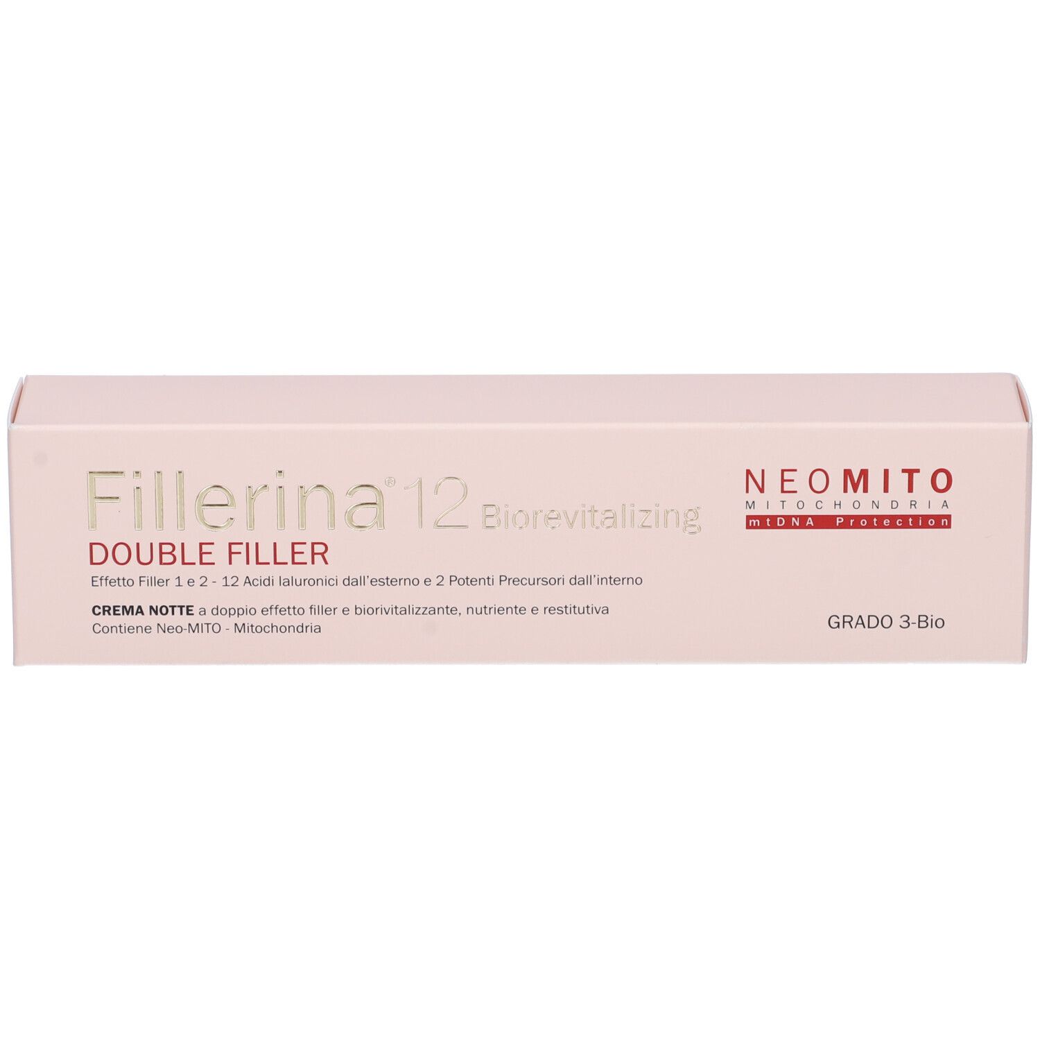 Scatola con scritta Fillerina 12 Double Filler, Neomito. Crema notte, Grado 3 Bio.