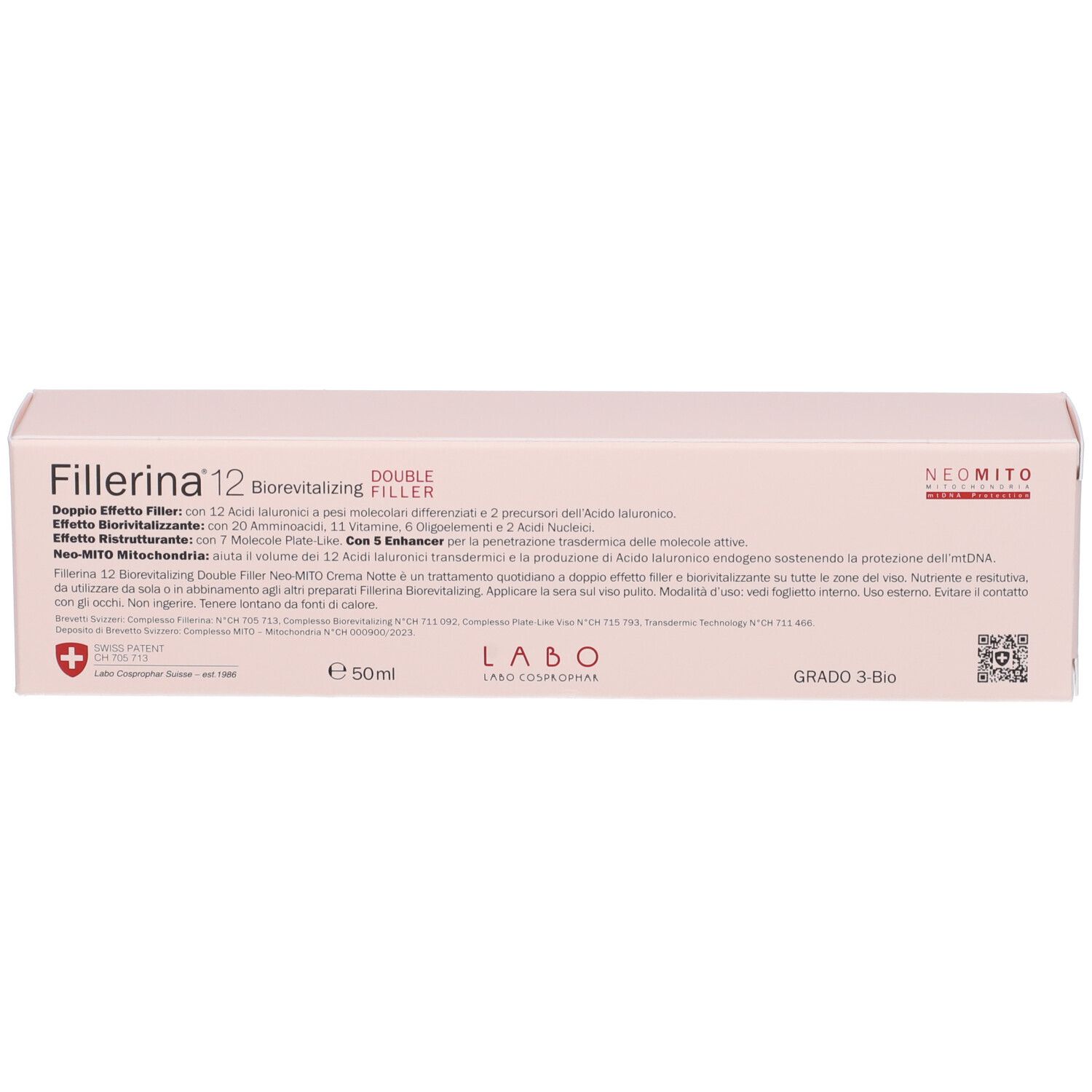 Scatola con scritta Fillerina 12 Double Filler, Neomito. Crema notte, Grado 3 Bio. Ingredienti.
