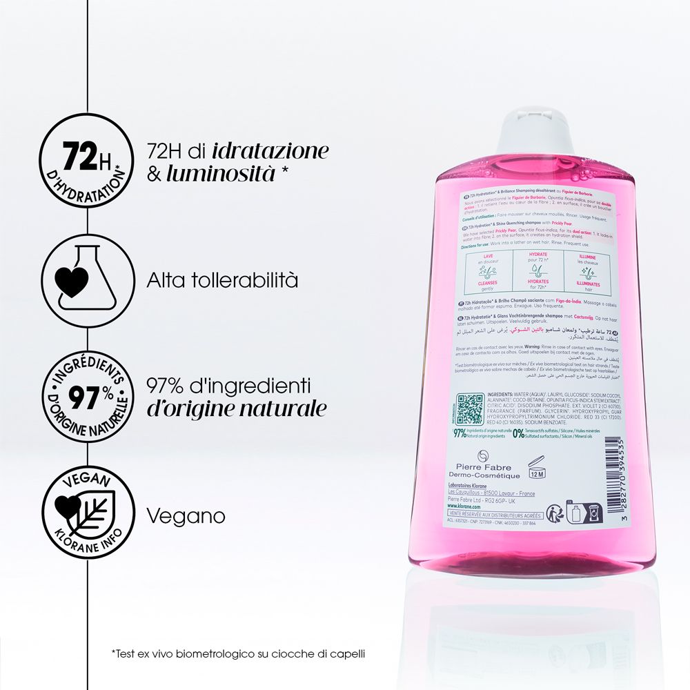 Rückseite der Klorane Shampoo-Flasche. 72H Hydratation & Leuchtkraft. 97% Inhaltsstoffe natürlichen Ursprungs. Vegan.