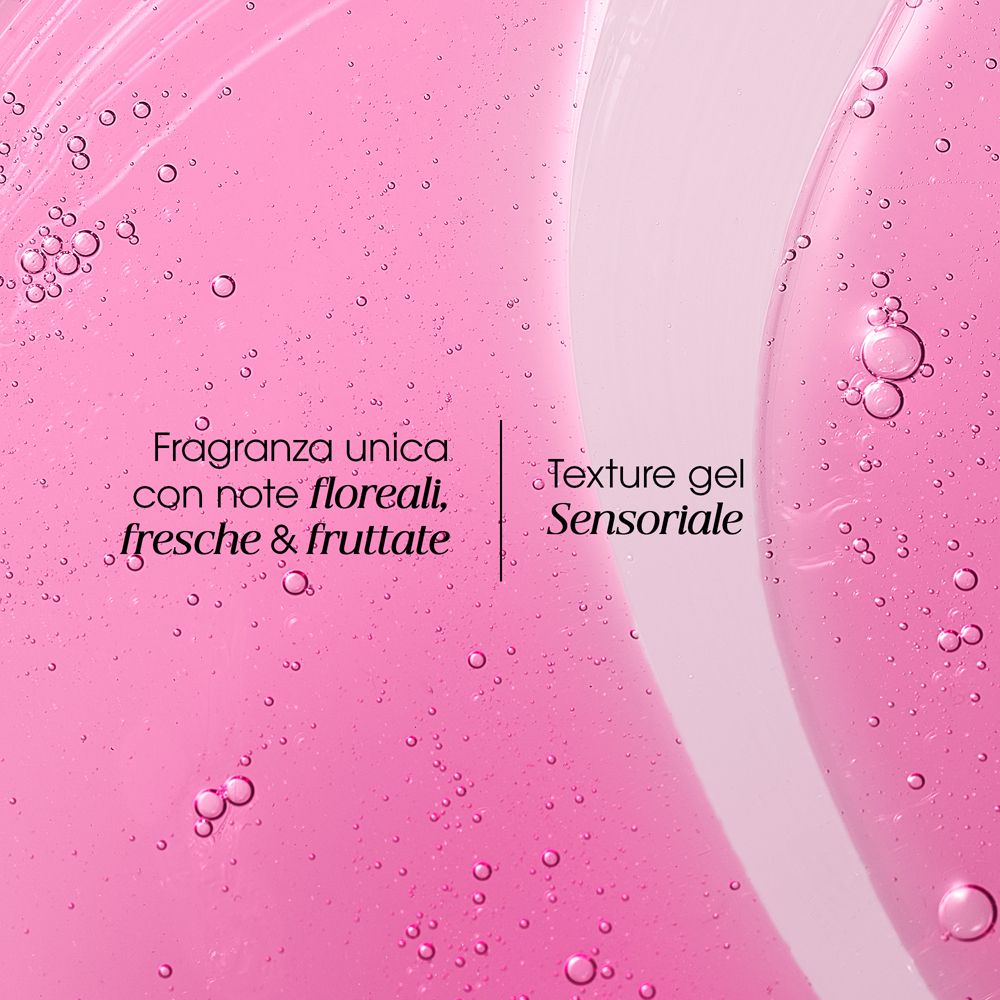 Rosa Flüssigkeit mit Blasen. Textur-Gel. Einzigartiger Duft mit blumigen, frischen und fruchtigen Noten.