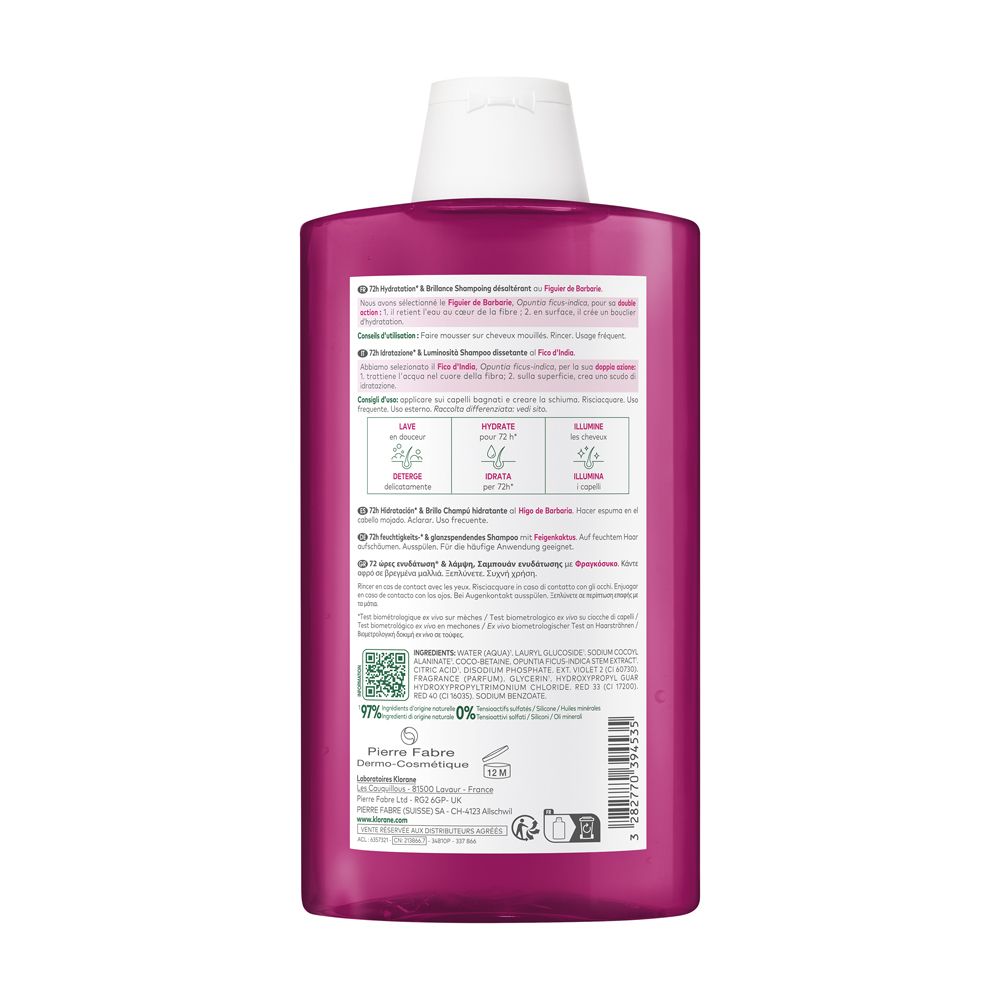 Rückseite der Klorane Shampoo-Flasche. Produktinformationen, Inhaltsstoffe, Herstelleradresse.