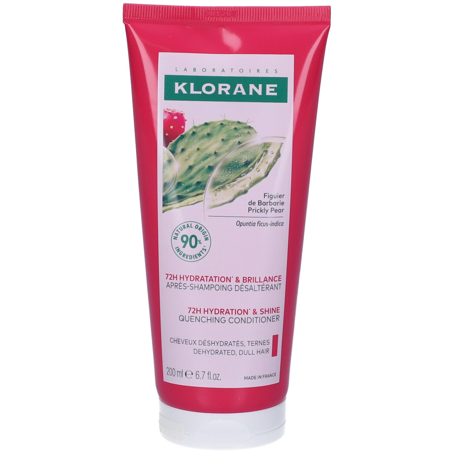 Tubo rosa con tappo bianco. Scritta: Klorane, illustrazione di cactus, 72h Hydratation & Brillance, per capelli secchi.