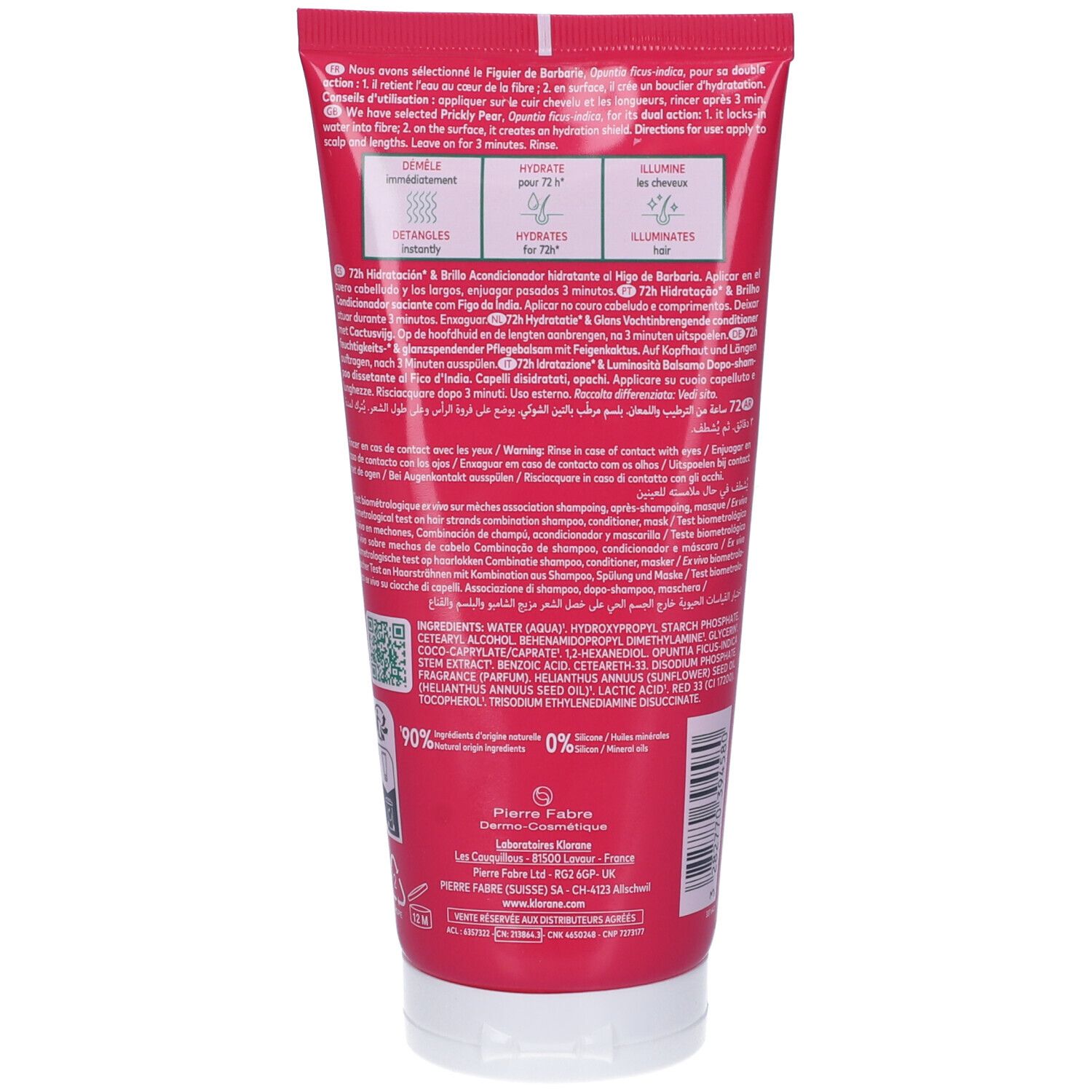 Retro del tubo. Testo in più lingue. Loghi: 90% ingredienti di origine naturale. Vegano. Klorane Info.