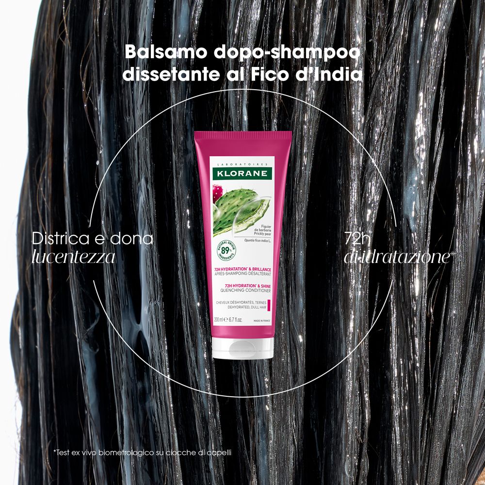 Tubo prodotto tra i capelli. Testo: Balsamo dopo-shampoo dissetante al Fico d’India. Cerchio con testo: 72h di idratazione. Capelli scuri.
