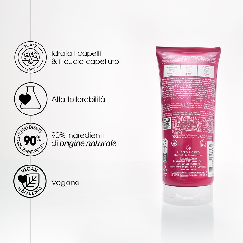 Retro del tubo. Testo: 90% ingredienti di origine naturale. Vegano. Logo: Klorane Info. Simboli: cuoio capelluto, cuore, laboratorio.
