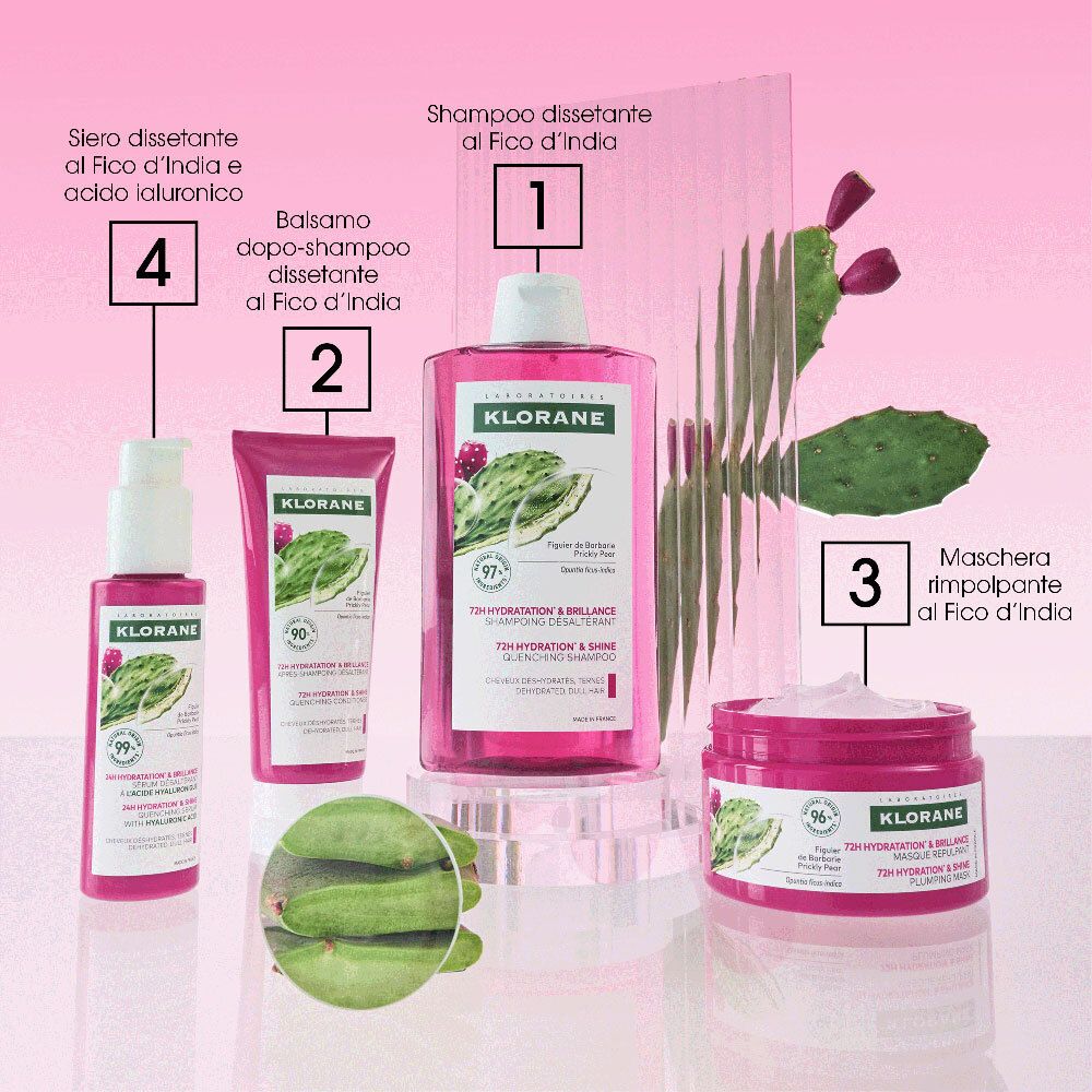 Quattro prodotti: shampoo, balsamo, maschera e siero. Marchio Klorane. Illustrazione di cactus. Sfondo rosa. Numeri di prodotto.