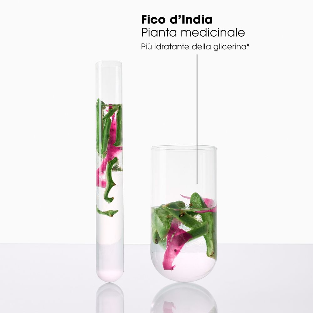 Due bicchieri con liquido e piante. Testo: Fico d'India. Pianta medicinale. Più idratante della glicerina.