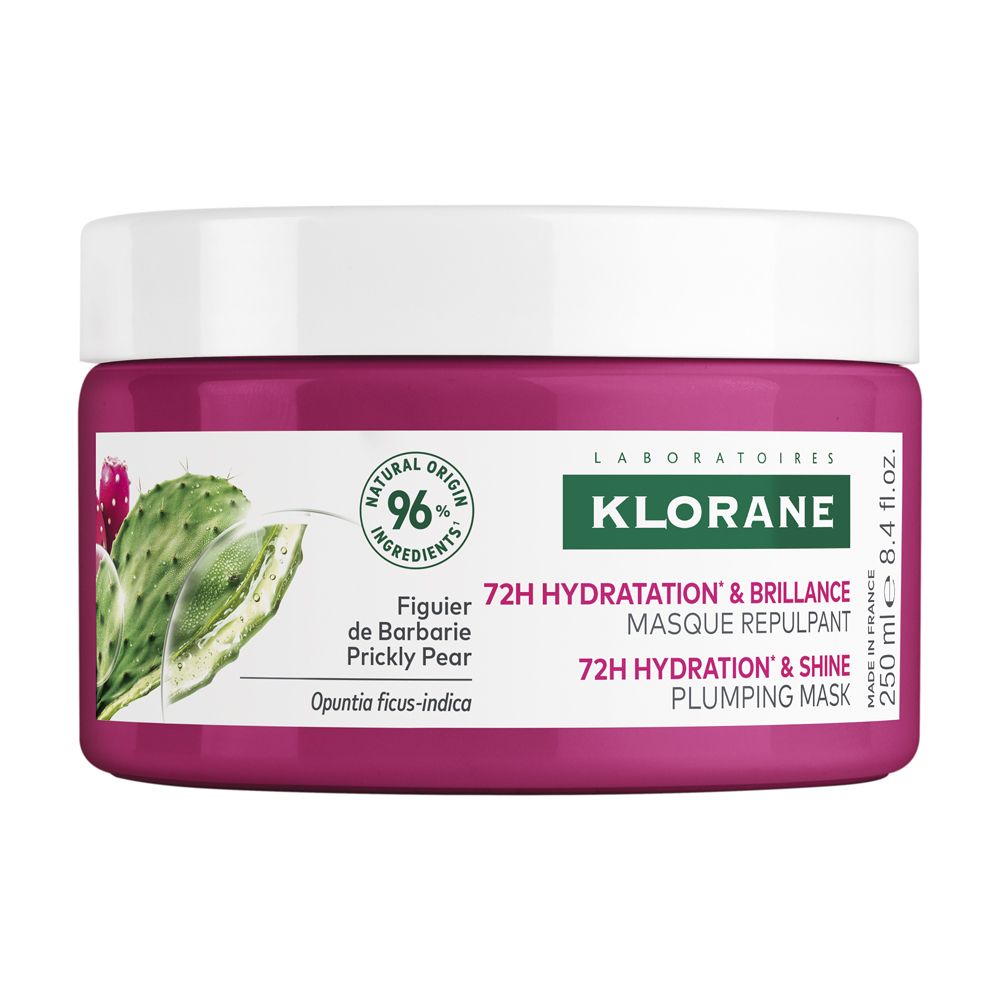 Barattolo rosa con coperchio bianco. Testo: Klorane, 72H Hydratation & Brillance, 96% ingredienti naturali. Fico d'India.