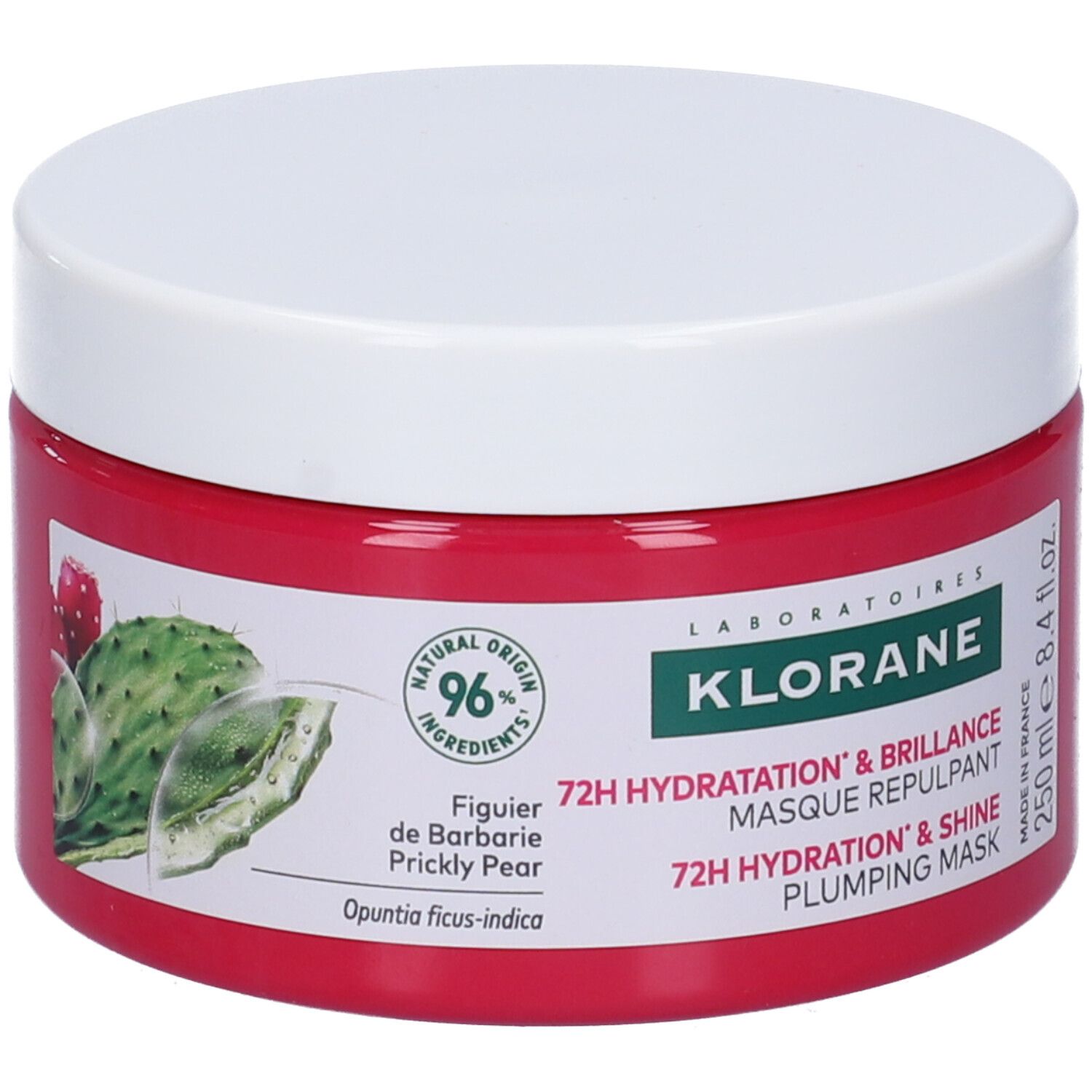 Barattolo rotondo con contenuto rosa e coperchio bianco. Testo: Klorane, 72H Hydratation & Brillance, 250 ml.