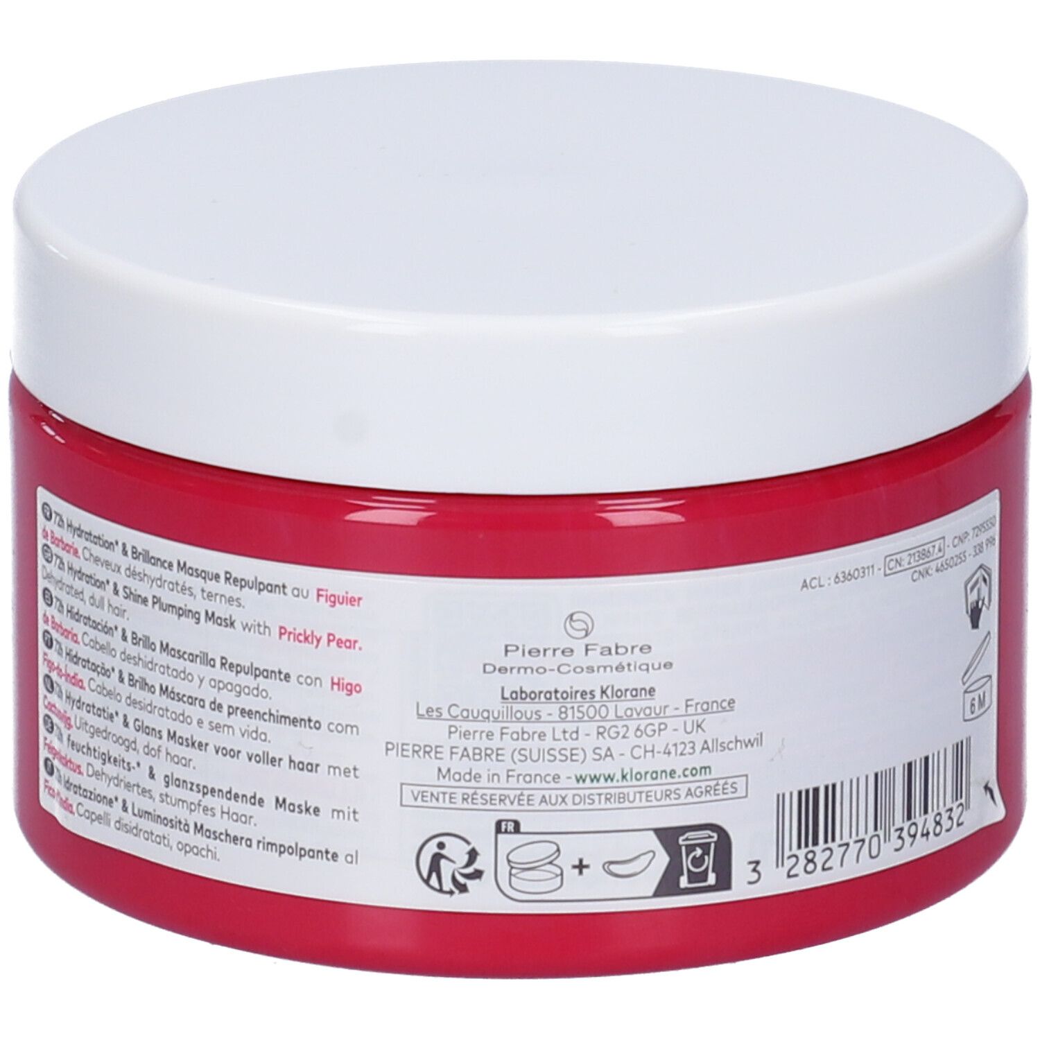 Barattolo rotondo con contenuto rosa e coperchio bianco. Testo: Klorane, 72H Hydratation & Brillance, 250 ml.